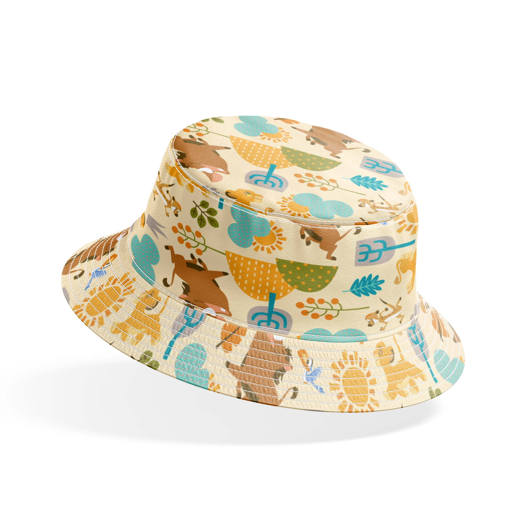 Playful Lion King pattern with brown bears, yellow puppies, blue clouds, stylized trees, and sun motifs on cream background bucket hat mockup