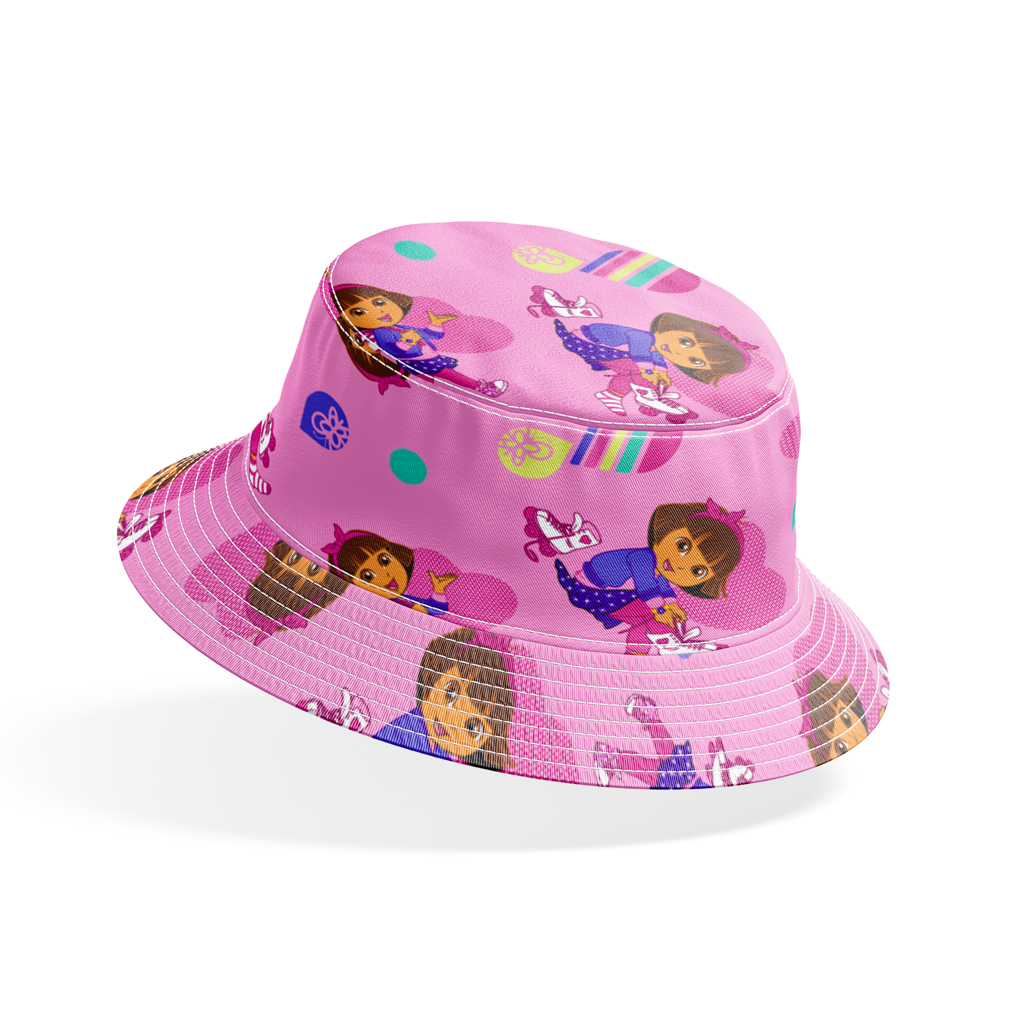 Dora the Explorer pattern with purple background, colorful polka dots and striped shapes bucket hat mockup