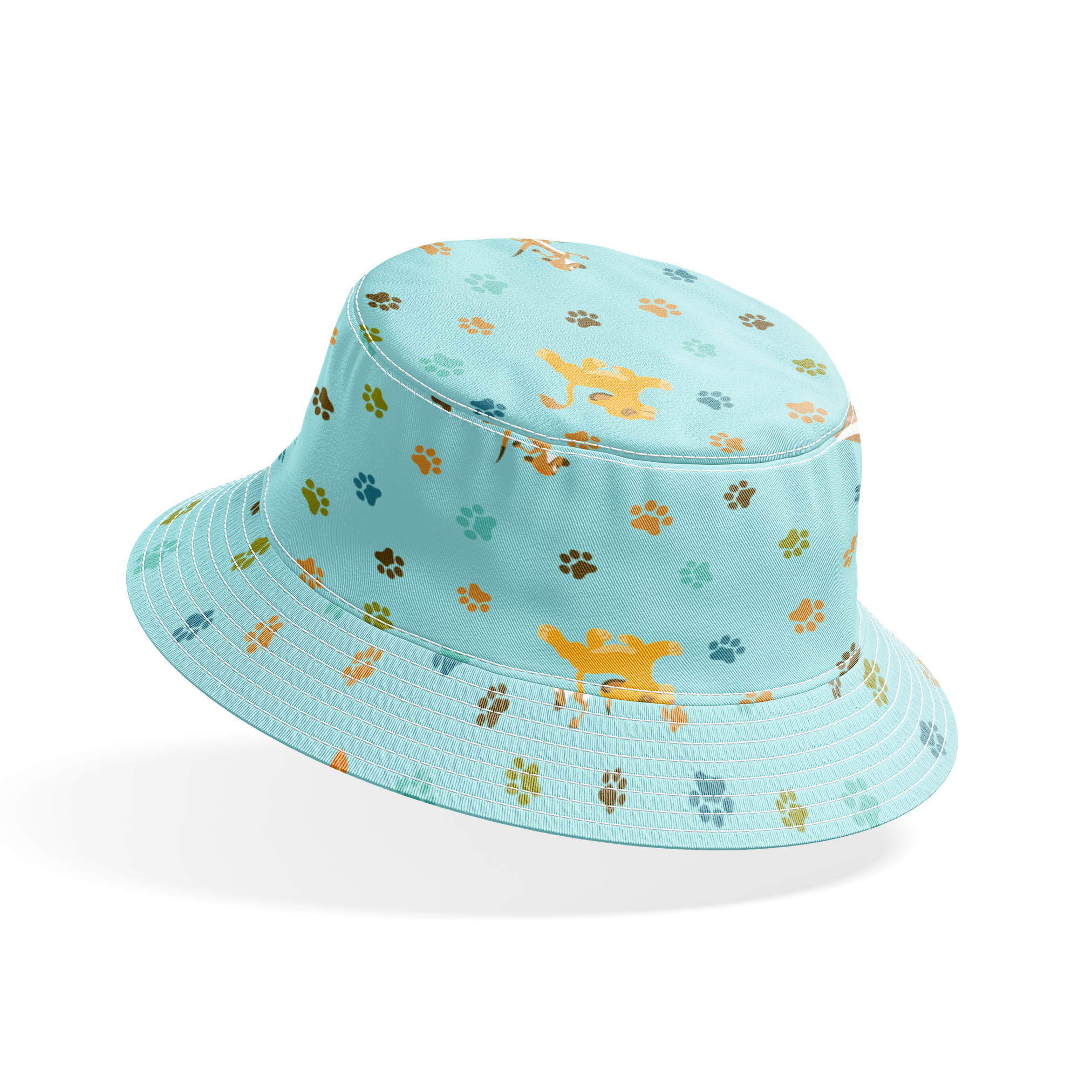 The Lion King pattern with paw prints on light blue background bucket hat mockup