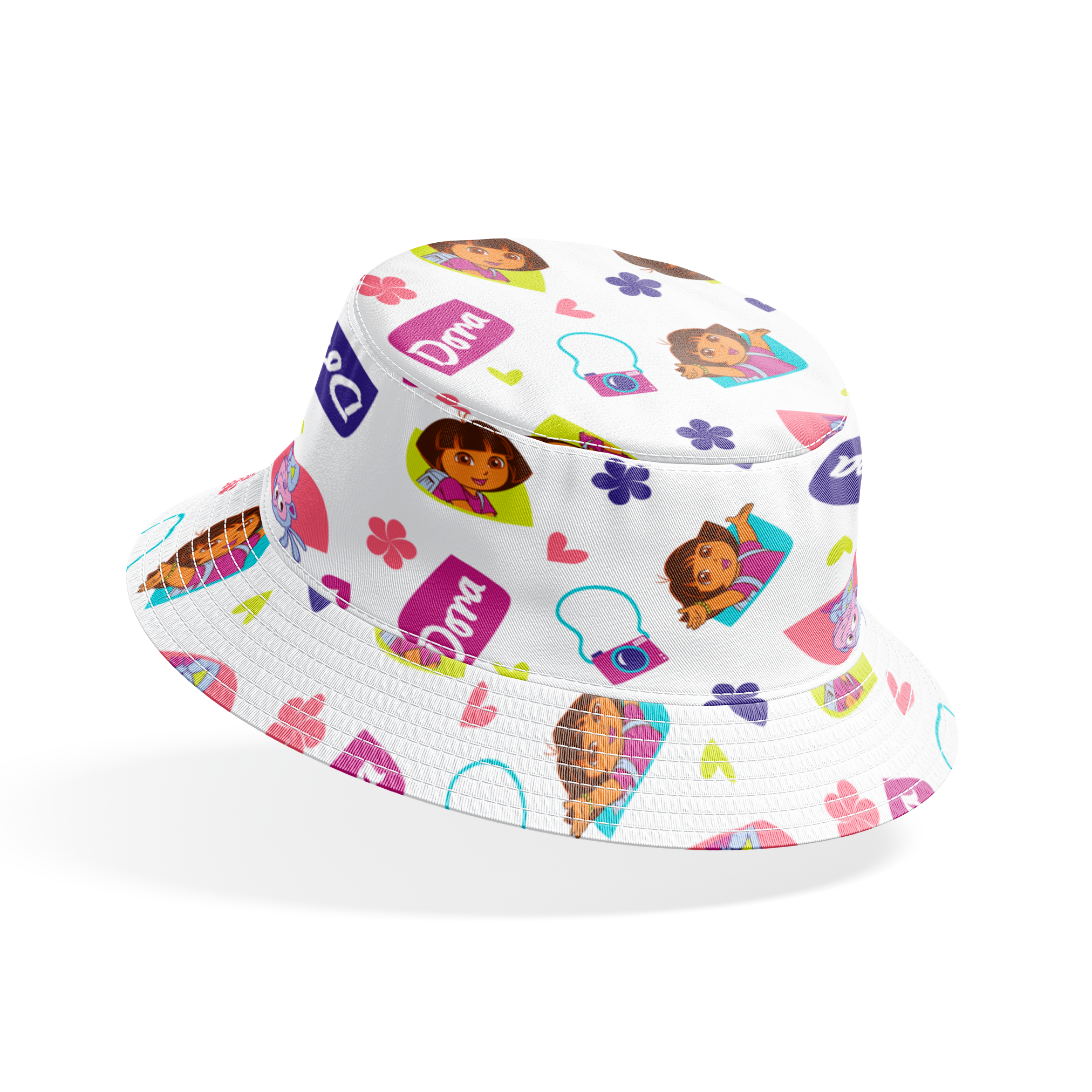 Cartoon pattern featuring Dora the Explorer characters, purple logos, pink hearts, and flowers on white background. bucket hat mockup