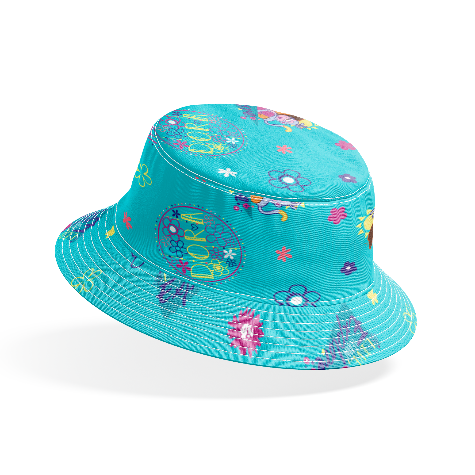 Colorful teal pattern with Dora the Explorer characters, decorative circles, flowers, and triangular shapes in pink, purple, and blue bucket hat mockup