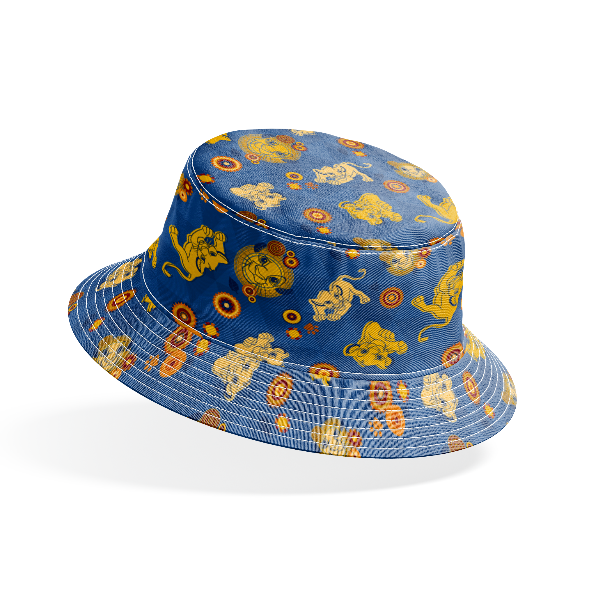 Geometric pattern with yellow lion figures and circular designs on blue triangular background bucket hat mockup