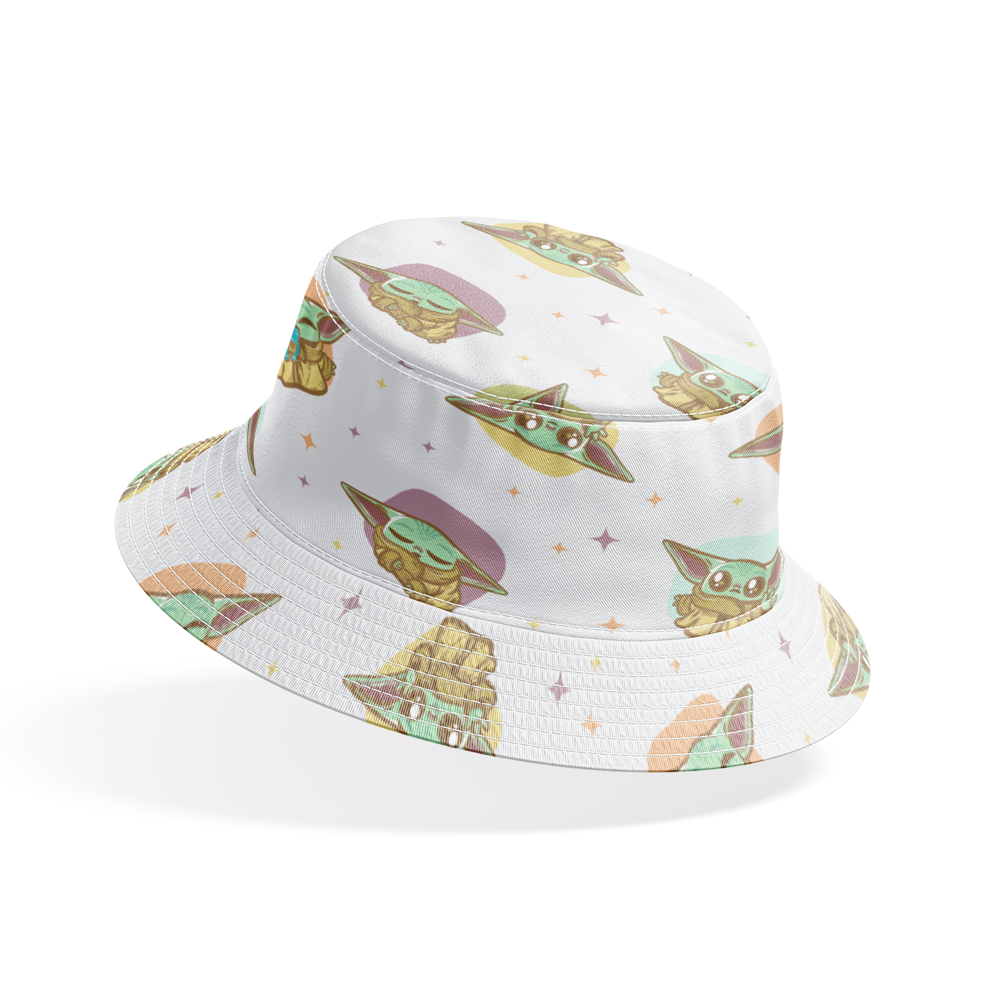 Cute cartoon characters in floating pods with big ears against a starry background, pastel colors bucket hat mockup