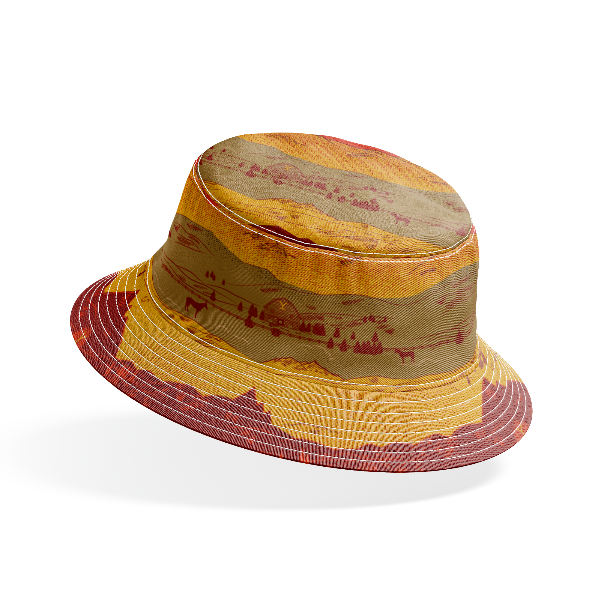 Layered mountain landscape in red, gold, and brown with "Yellowstone Cotton Ranch" text and silhouetted trees and wildlife. bucket hat mockup