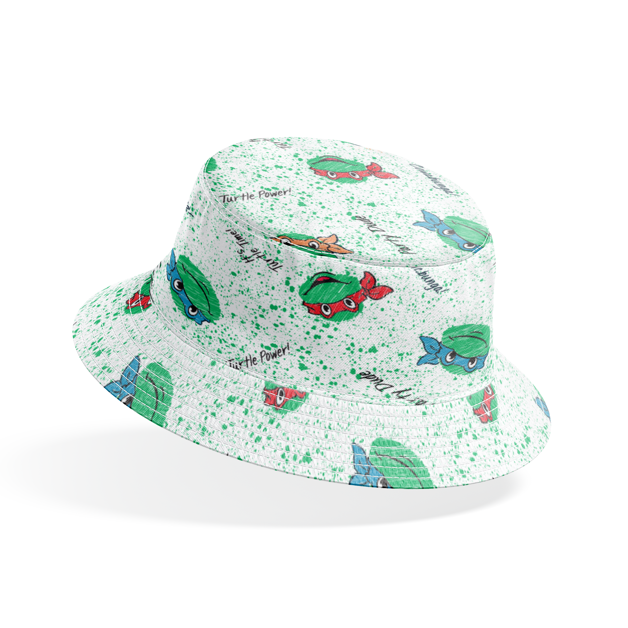 Pattern of Teenage Mutant Ninja Turtles with colorful masks on speckled green background with phrases like "Turtle Power! bucket hat mockup