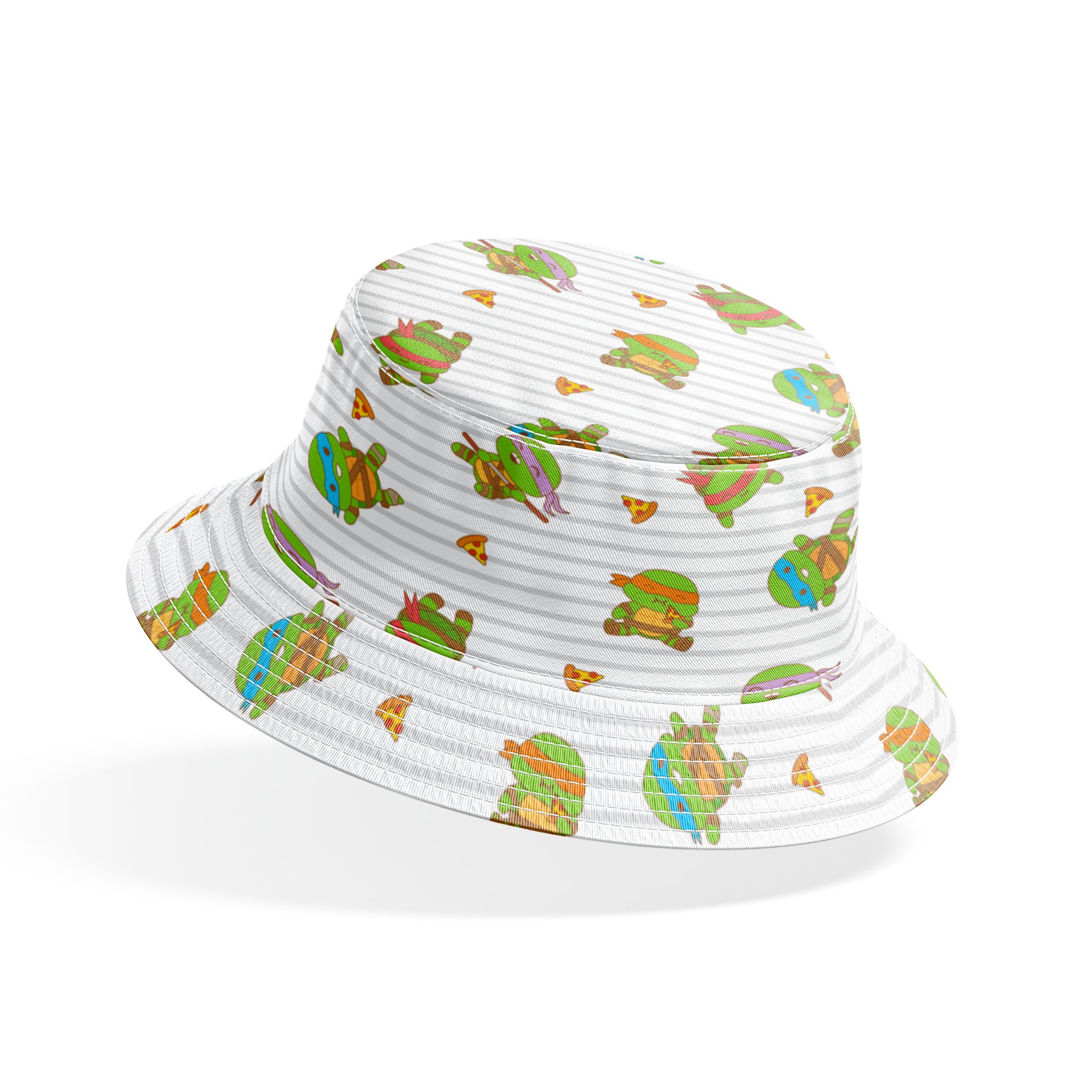 Teenage Mutant Ninja Turtles in various poses with pizza slices on gray striped background bucket hat mockup