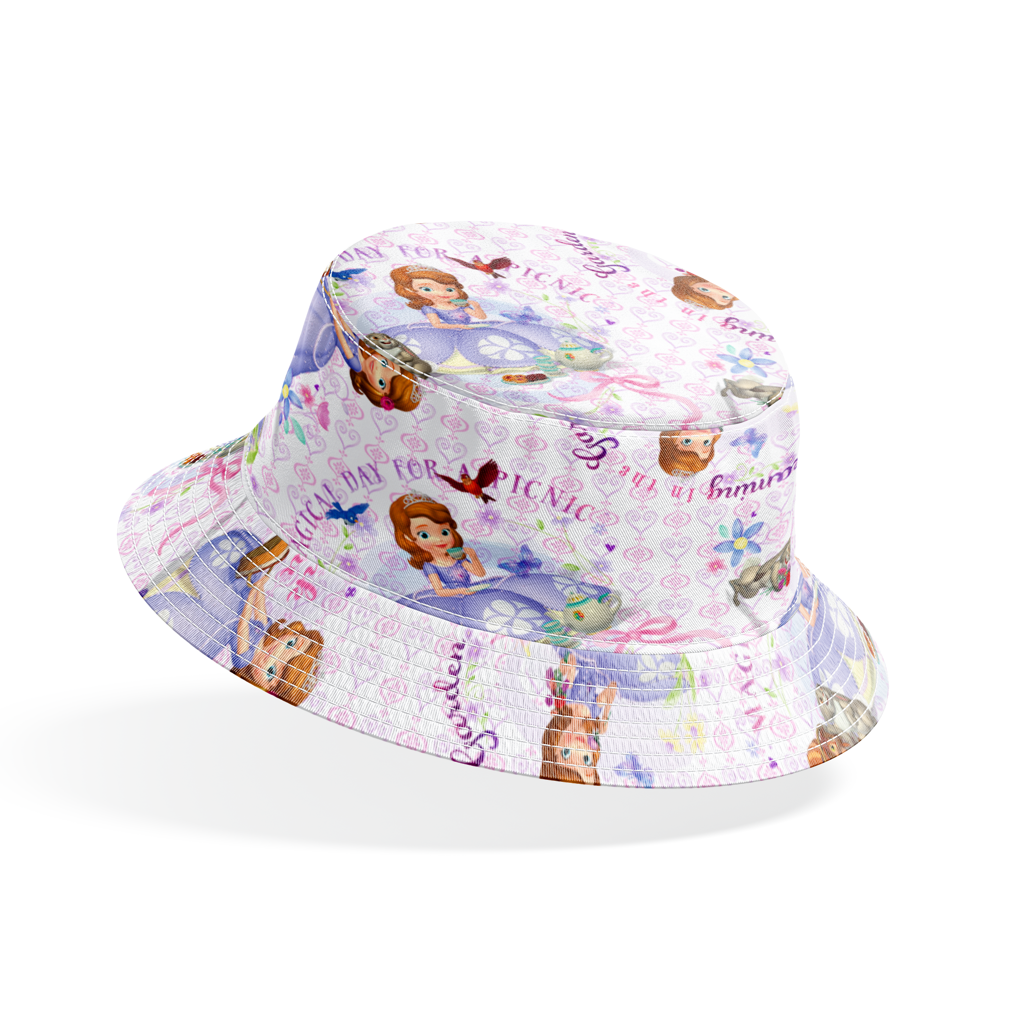 Disney Sofia the First Princess-themed pattern with characters in purple dresses, crowns, and the text "Beautiful Princess" on light purple background bucket hat mockup