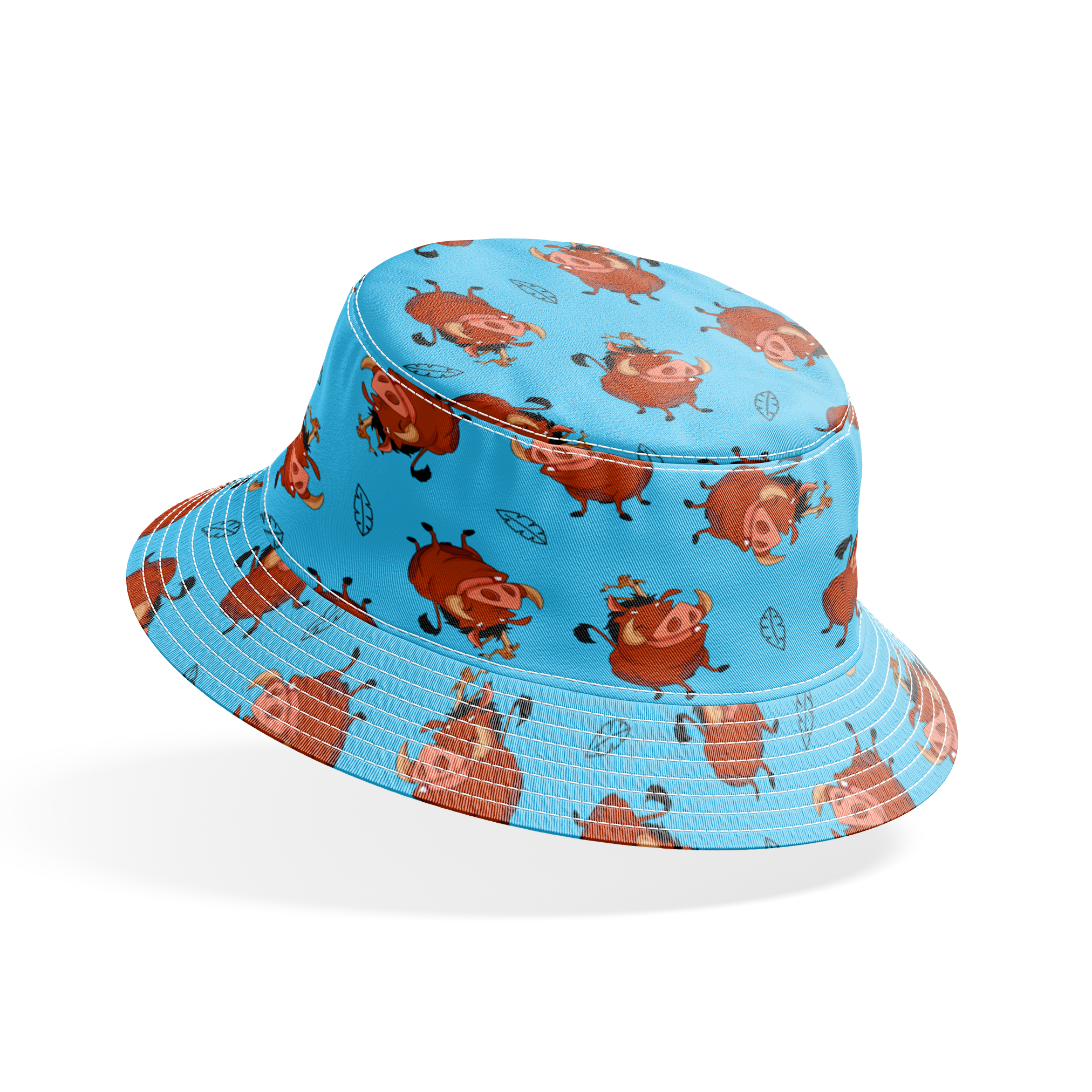 Cheerful Lion King characters with flower crowns dancing on light blue background with leaf patterns bucket hat mockup