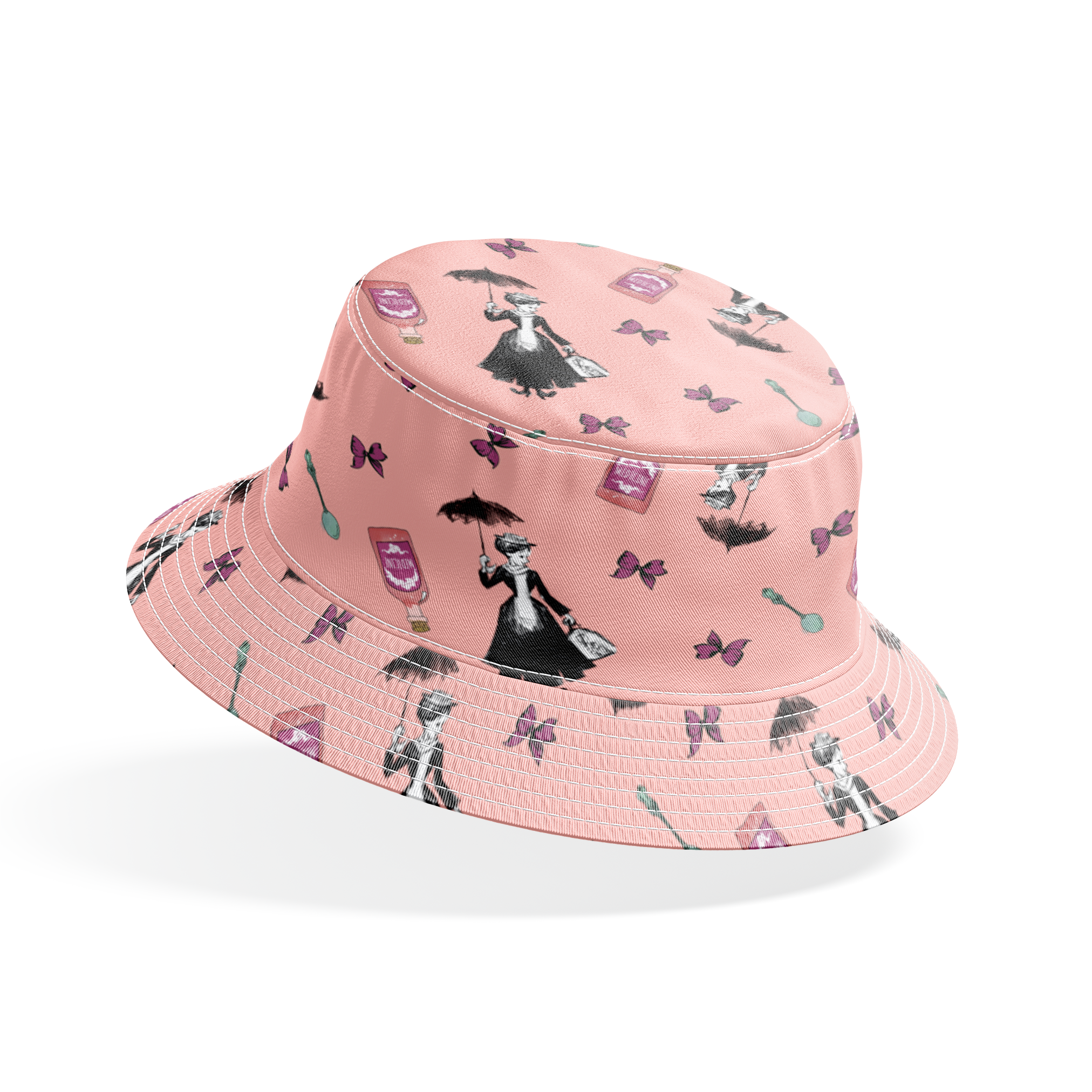 Whimsical illustration on pink background featuring Mary Poppins, purple bottles, and floating bows bucket hat mockup