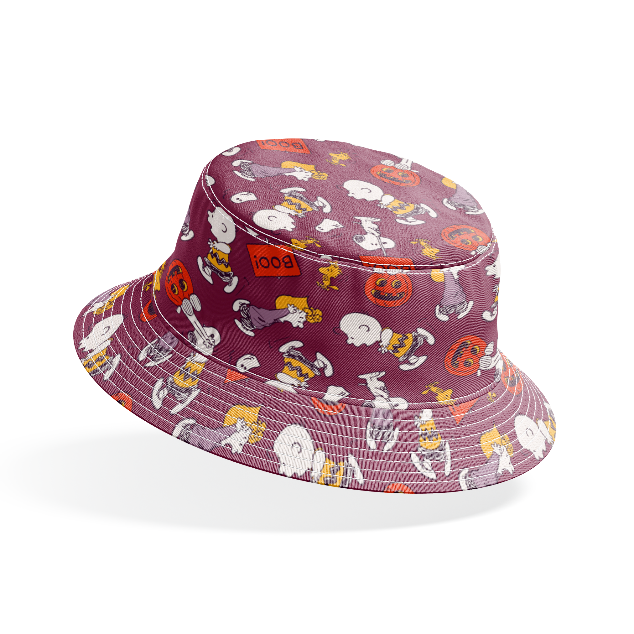 Snoopy and Woodstock Halloween pattern on purple background with pumpkins, ghosts, and "boo!" text bucket hat mockup