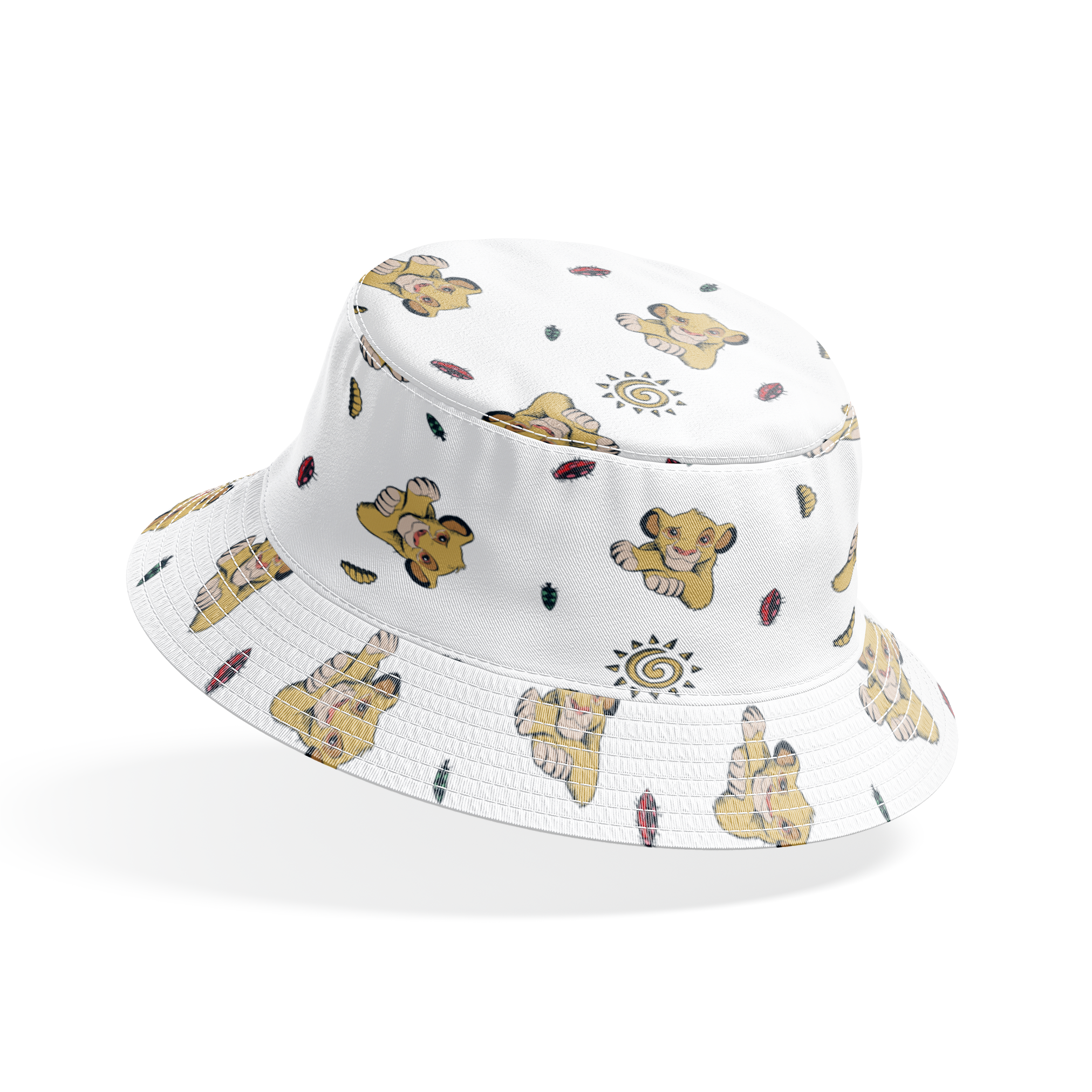 Cute cartoon lion cubs pattern with suns and leaves on white background bucket hat mockup