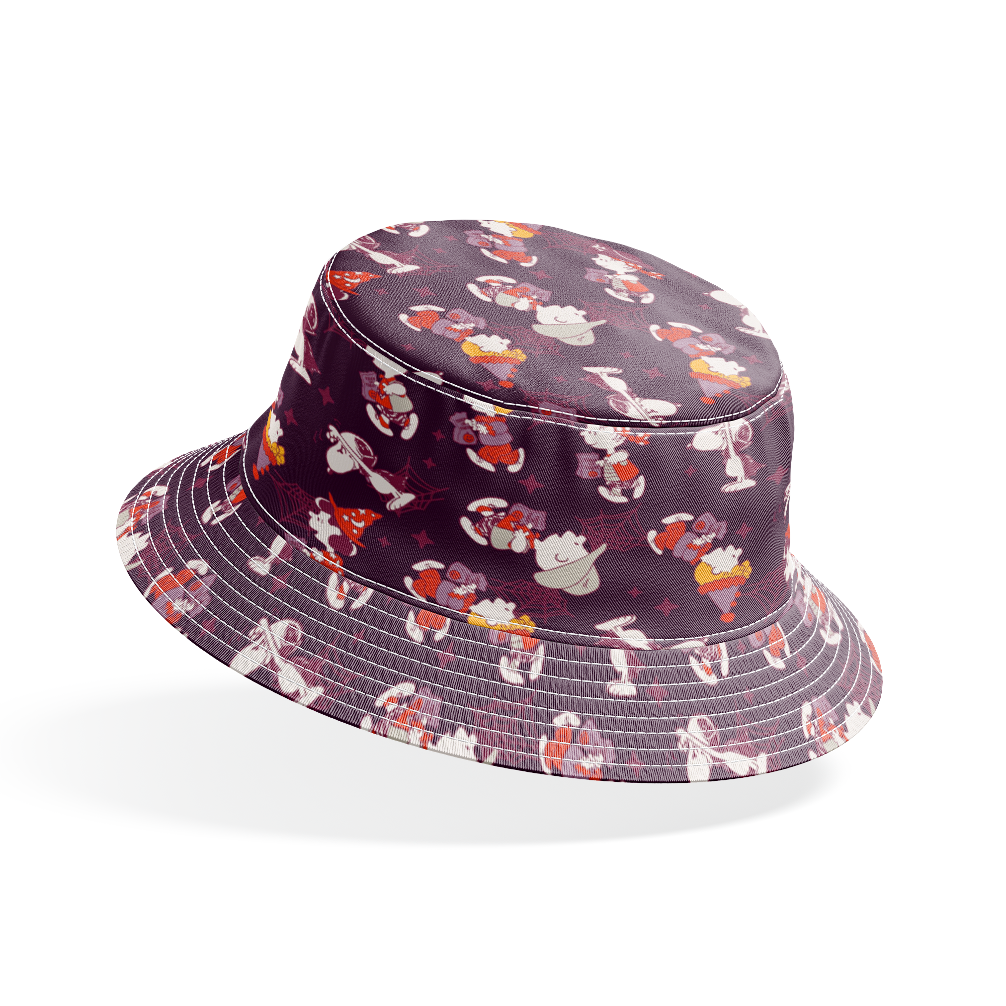 Snoopy and Peanuts characters in Halloween costumes scattered on dark purple background bucket hat mockup