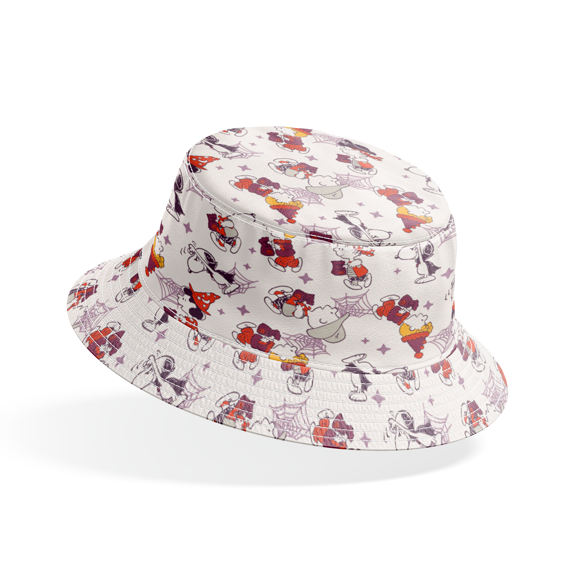 Peanuts characters in Halloween costumes including Snoopy, Charlie Brown, and friends on white background bucket hat mockup