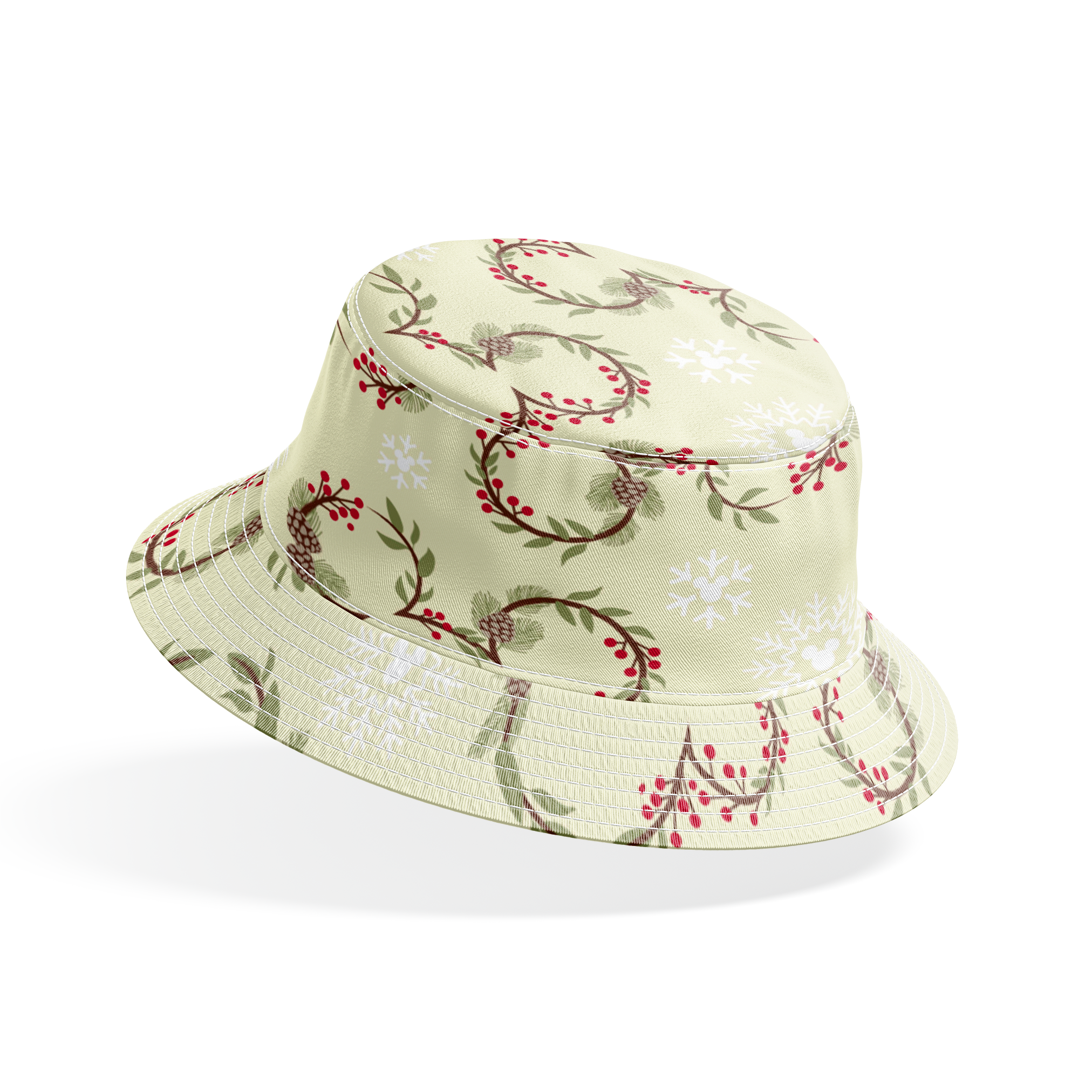 Holiday pattern with pine wreaths, red berries, and white snowflakes on light green background bucket hat mockup