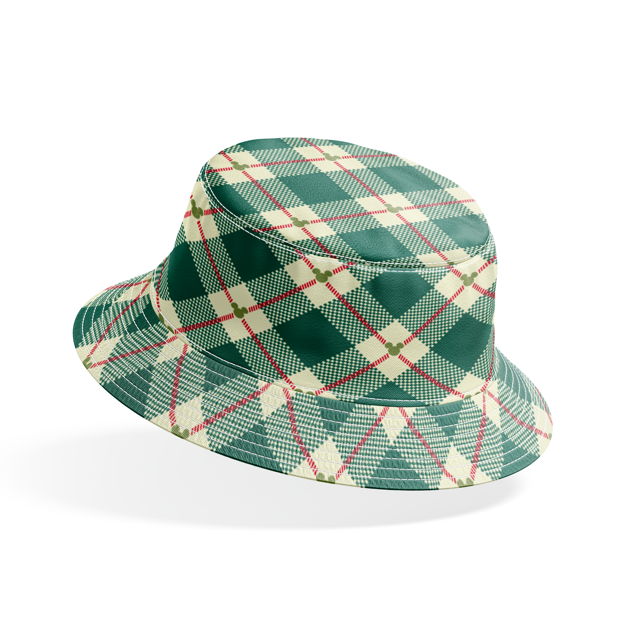 Diagonal green and cream plaid pattern with small Mickey Mouse silhouettes at intersections of red stripes bucket hat mockup