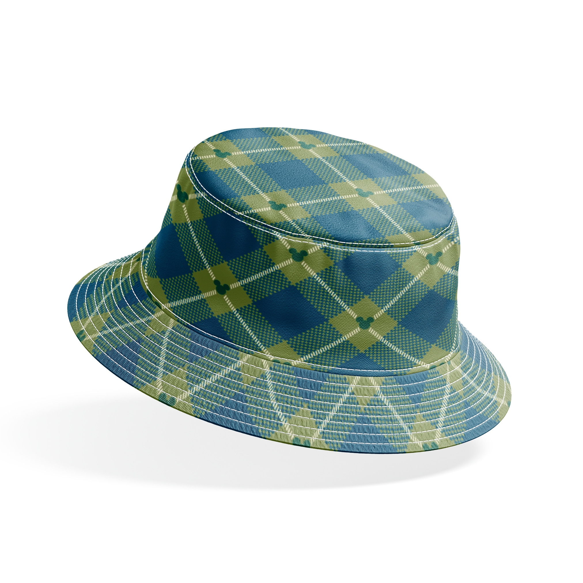 Geometric plaid pattern with teal and olive green diamonds, white diagonal stripes and checkered textures bucket hat mockup