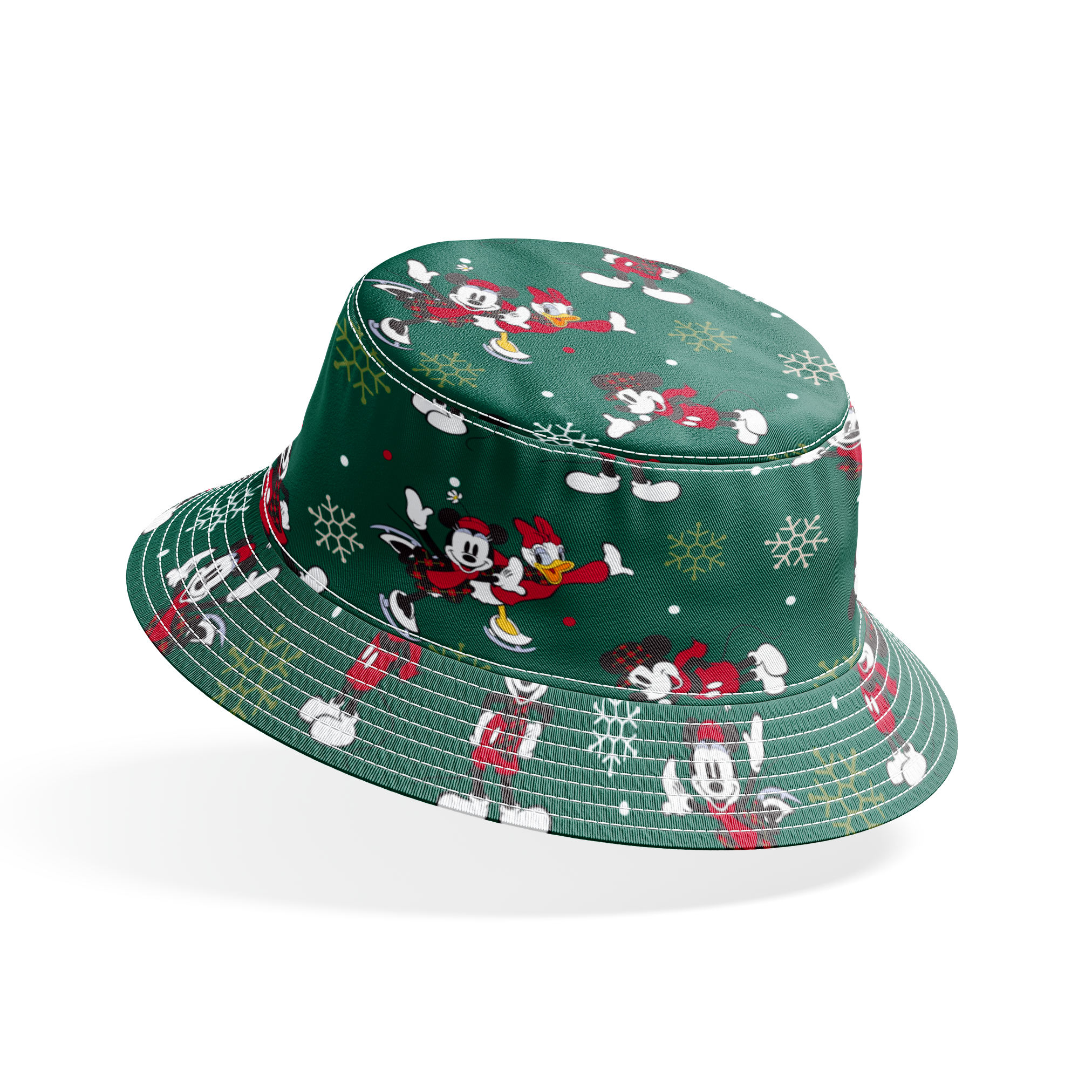 Mickey Mouse Christmas pattern with cartoon characters in winter outfits on green background with snowflakes bucket hat mockup