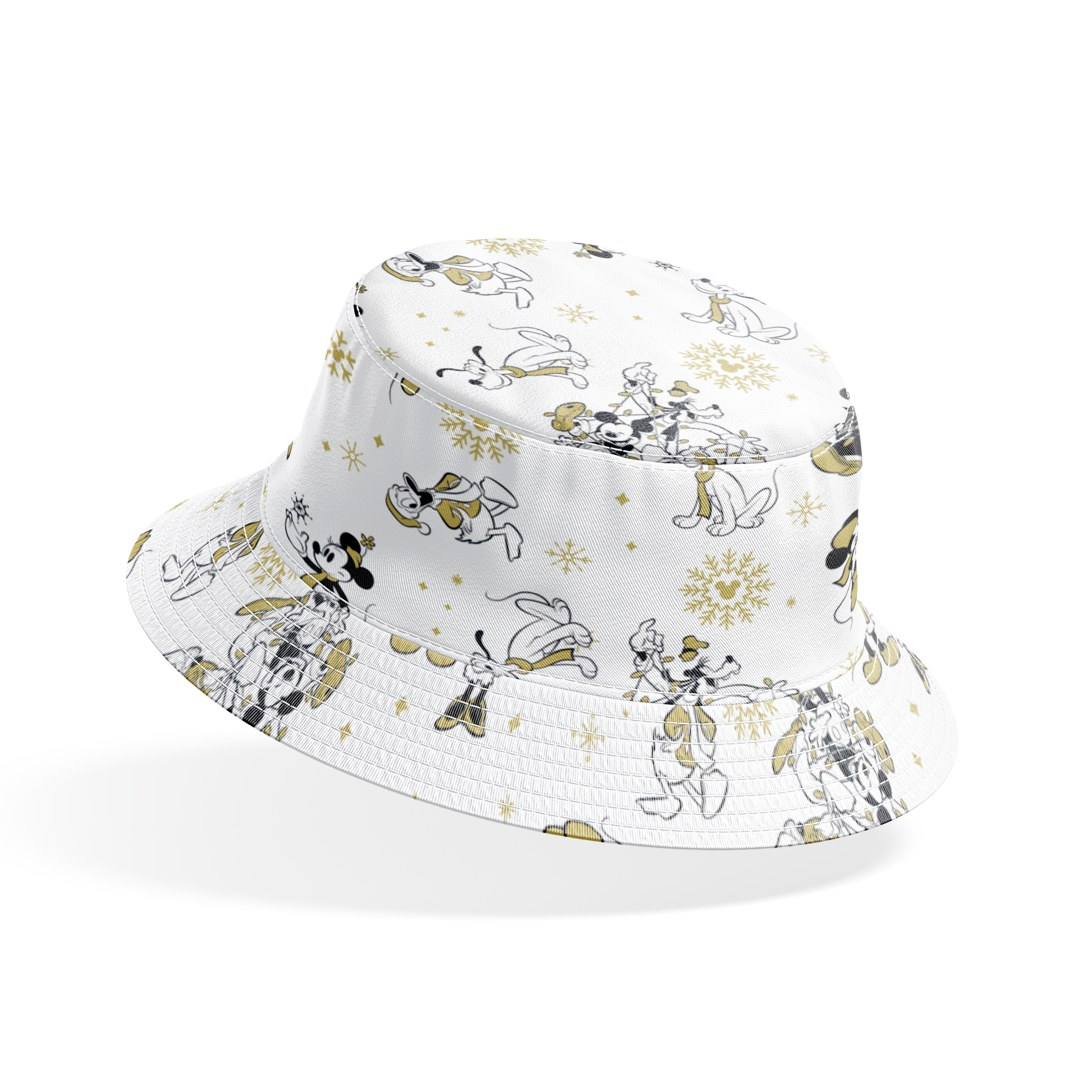 Vintage Disney characters pattern with Mickey, Minnie and Pluto on white background with gold snowflakes bucket hat mockup