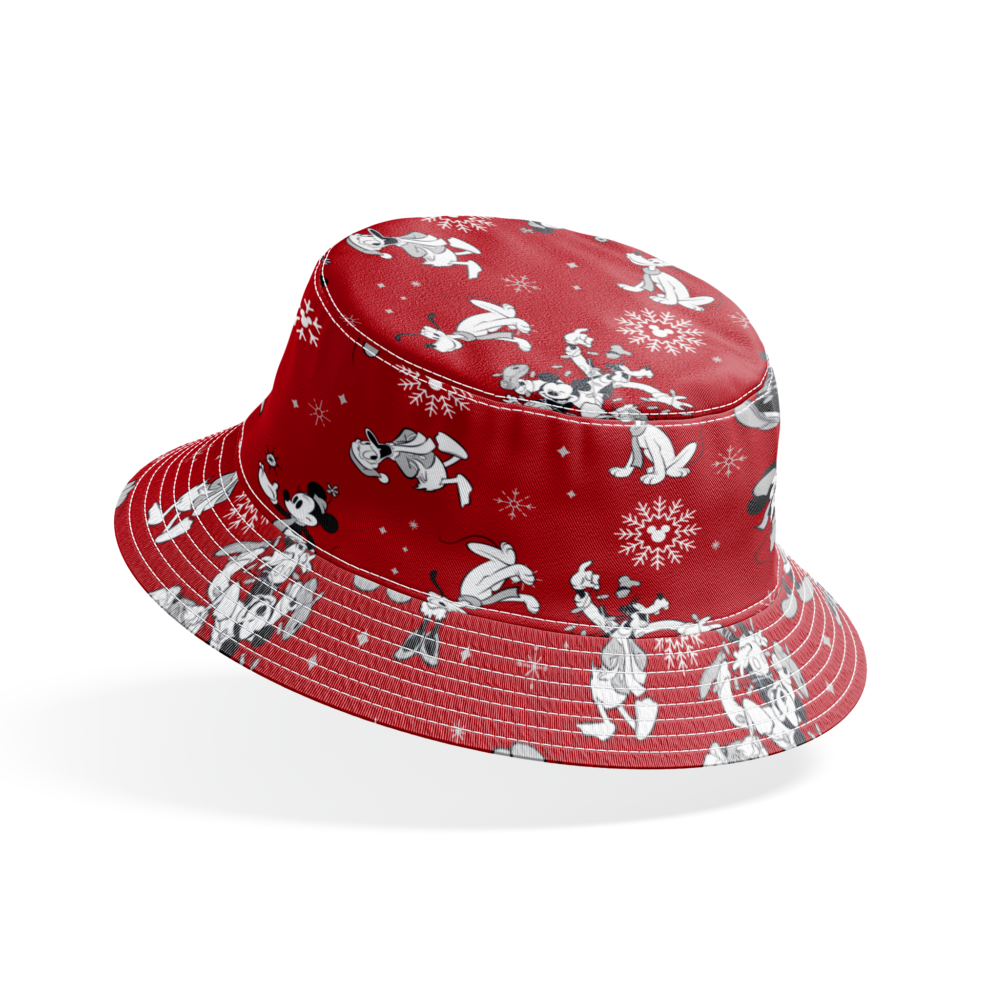 Christmas pattern with Disney characters and snowflakes on red background bucket hat mockup