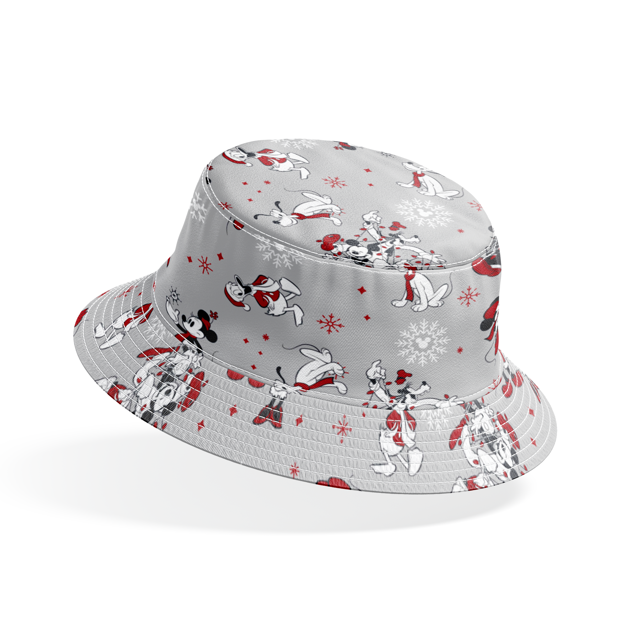 Mickey and Minnie Mouse characters in winter attire with snowflakes on gray background bucket hat mockup