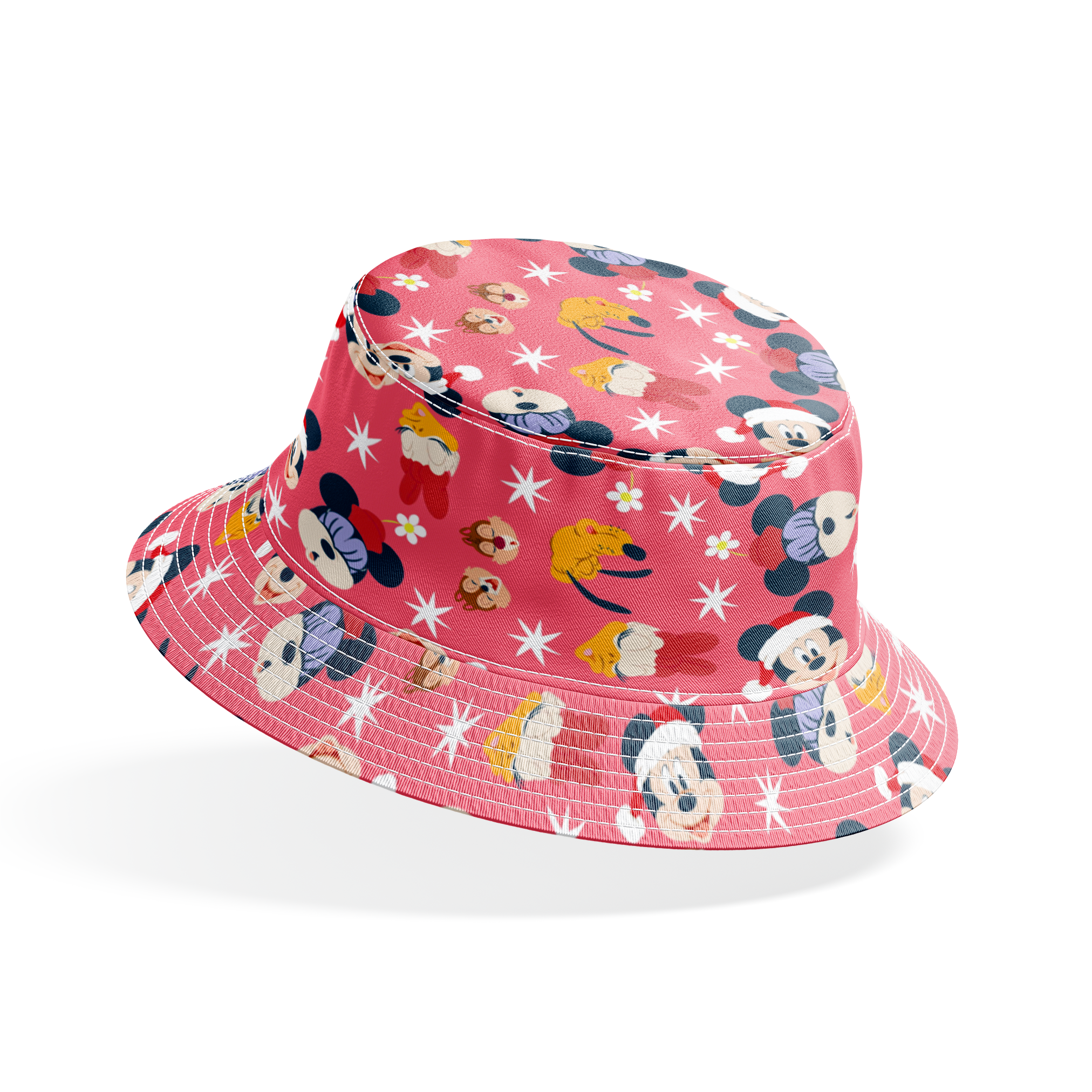Mickey Mouse pattern with holiday elements on pink background, featuring white stars and gold accents bucket hat mockup