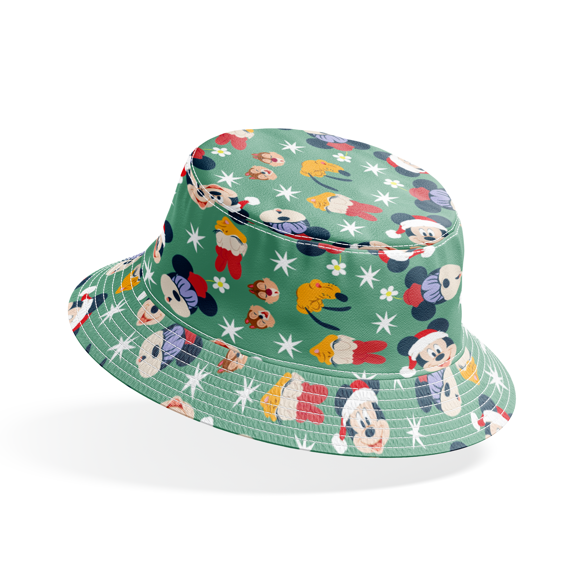 Mickey Mouse holiday pattern with characters wearing Santa hats on green background with stars and ornaments bucket hat mockup