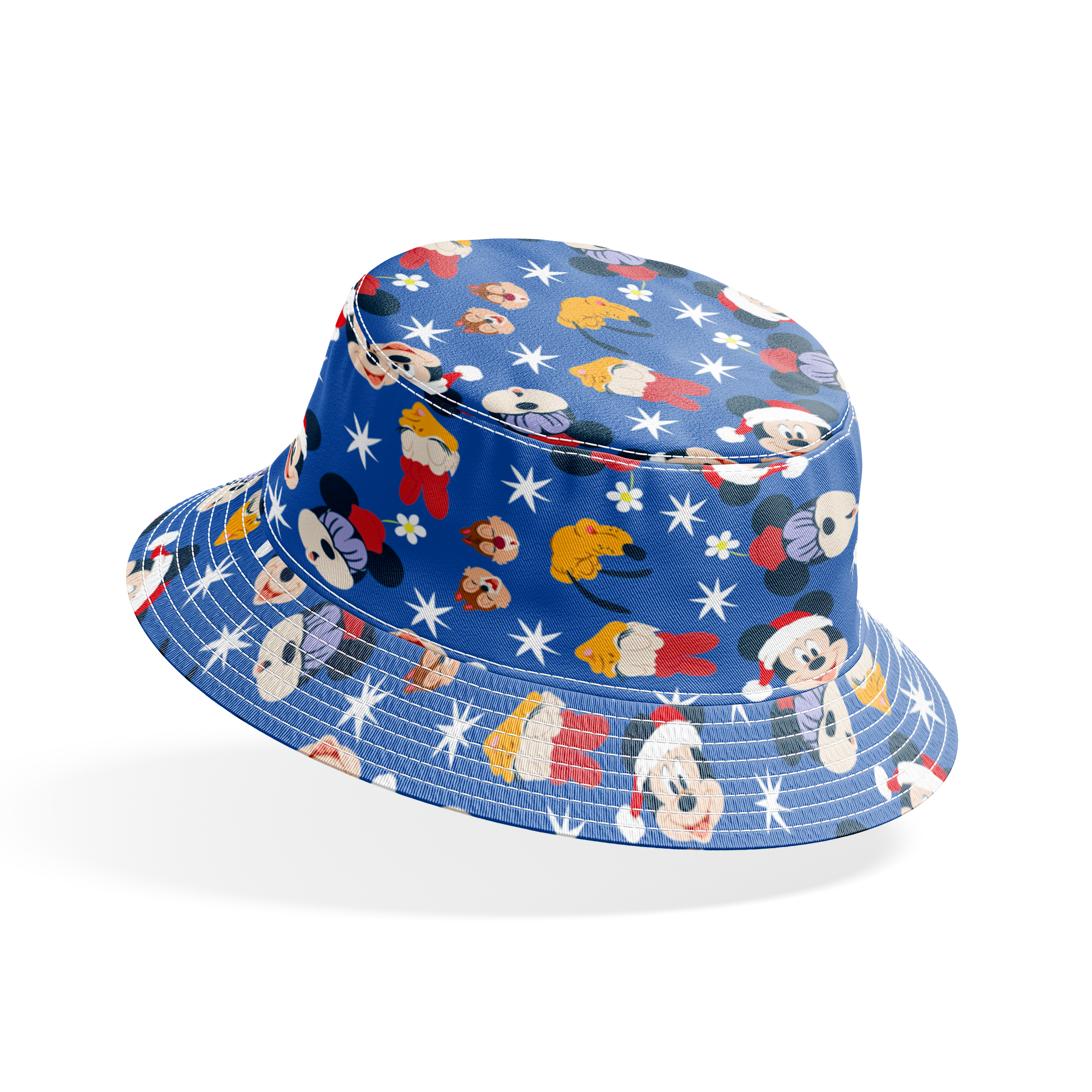 Mickey Mouse Christmas pattern with Santa hats, cupcakes and snowflakes on blue background bucket hat mockup