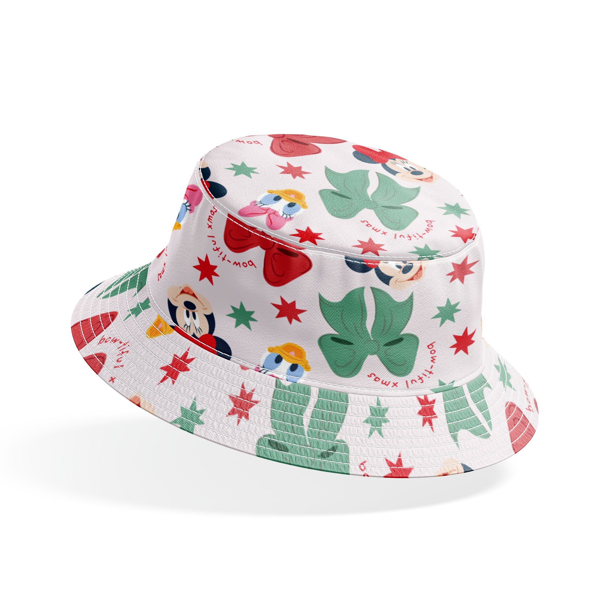 Disney pattern with Minnie Mouse and Daisy Duck characters, green and red bows, and green stars on light background. bucket hat mockup