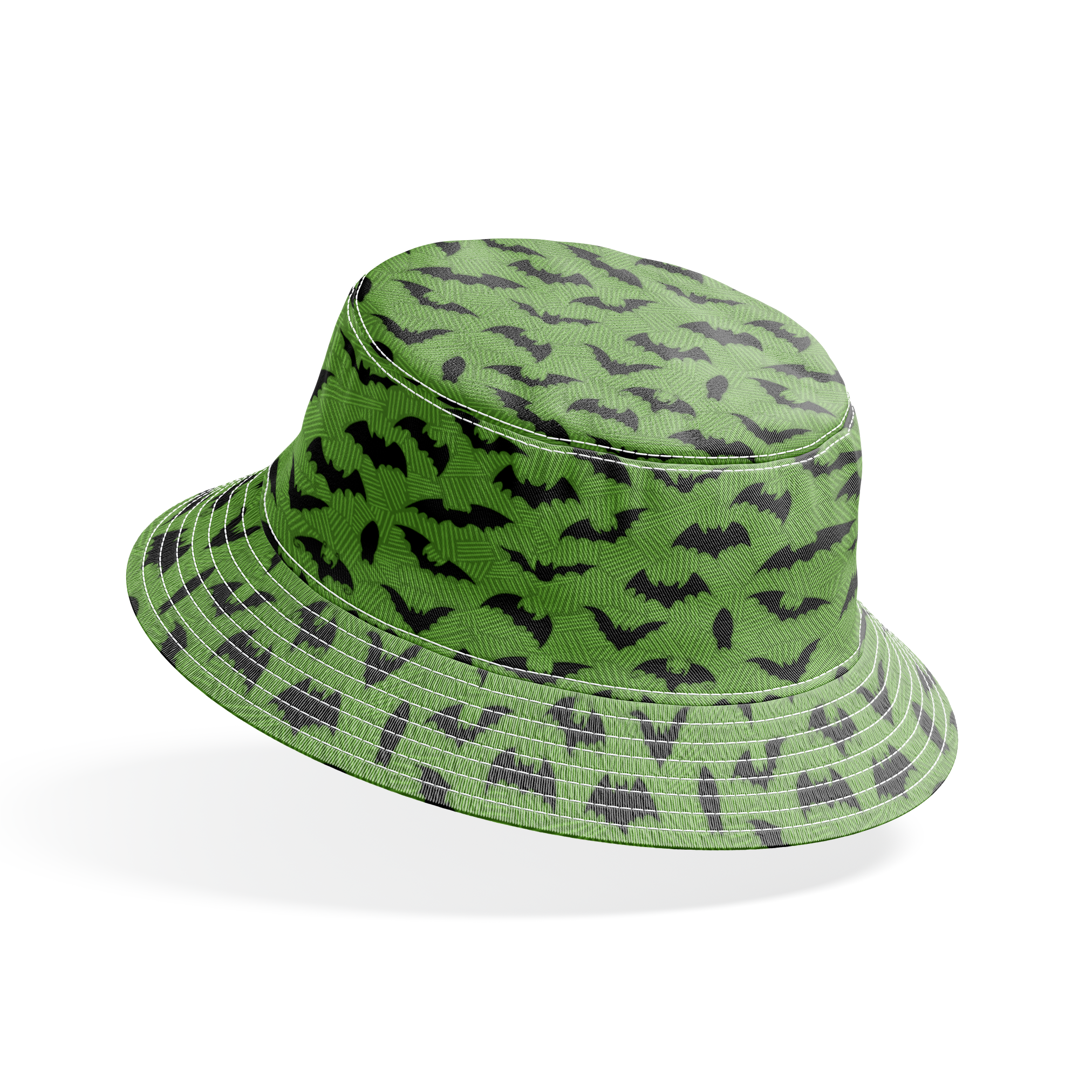 Black bat silhouettes scattered across a green textured background with zigzag pattern bucket hat mockup