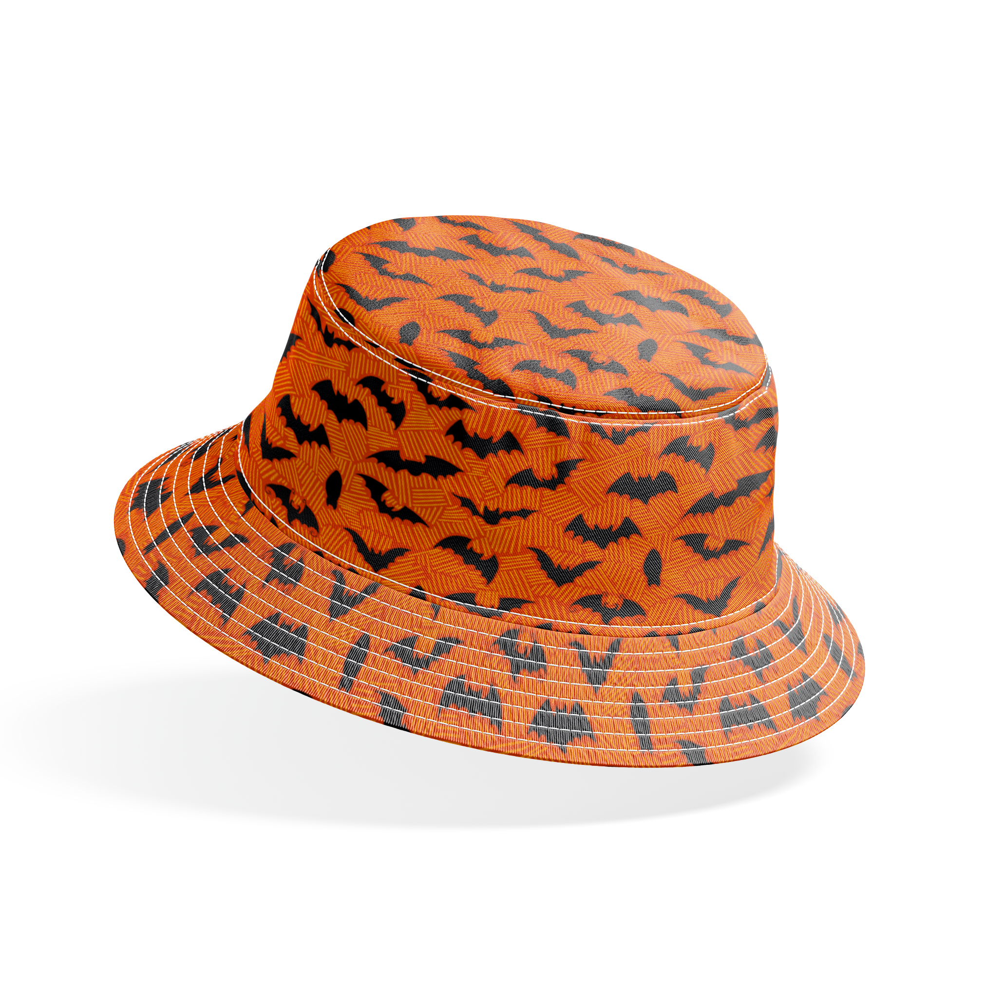 Halloween pattern with black bats scattered across an orange textured background bucket hat mockup