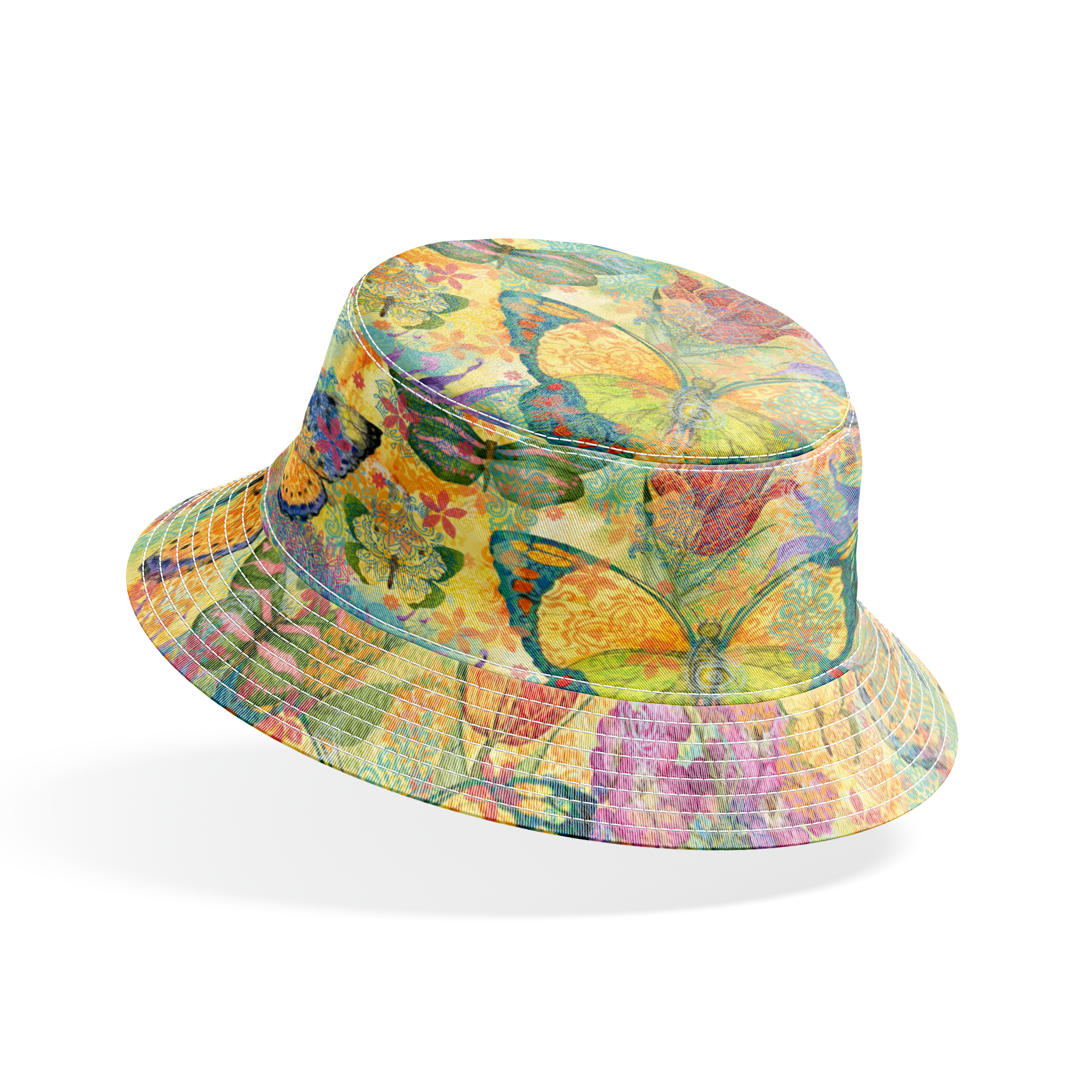 Colorful pattern of butterflies and flowers in vibrant yellows, purples, and reds with watercolor texture bucket hat mockup