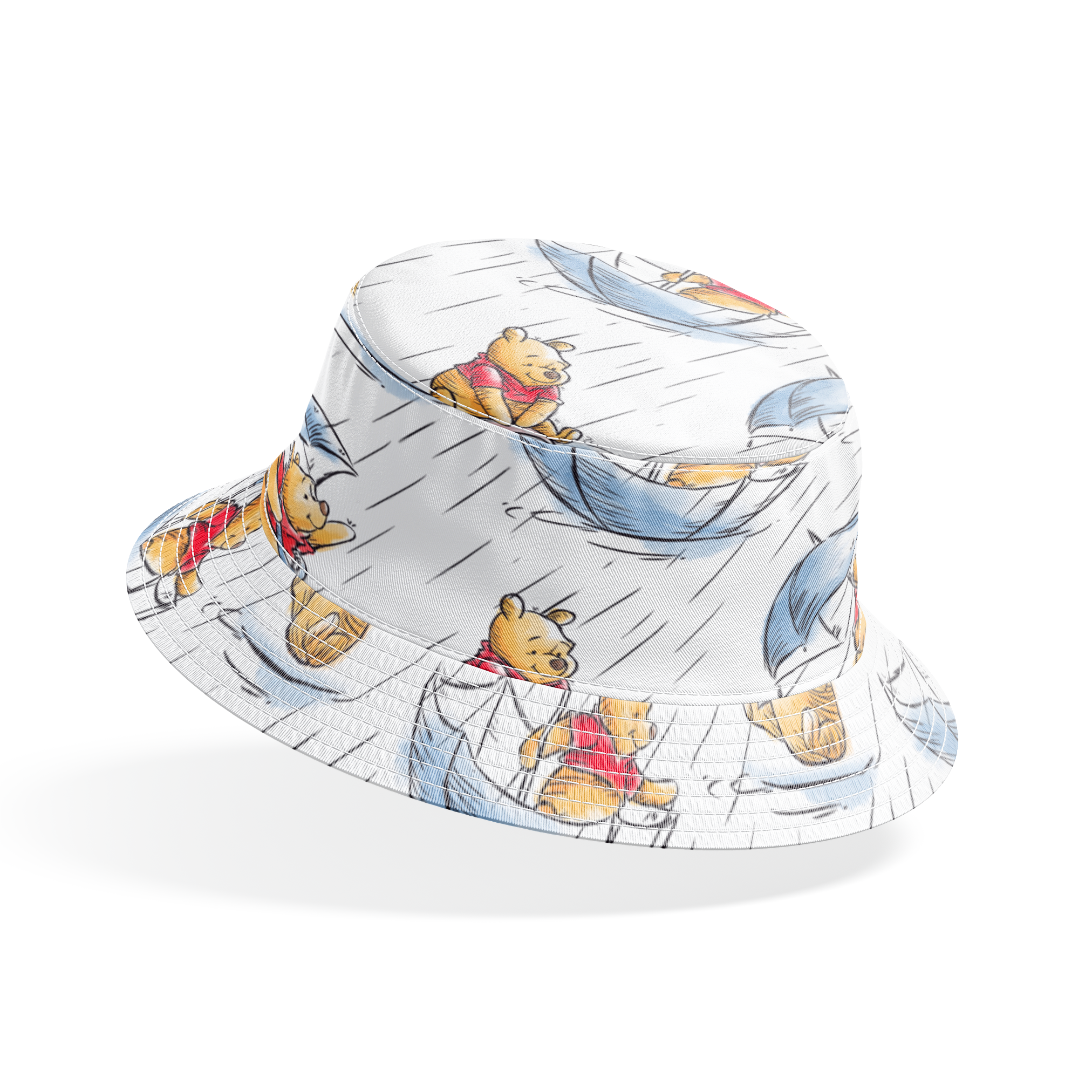 Small bear characters in a rainy scene - some holding umbrellas, others in paper boats, wearing red shirts bucket hat mockup