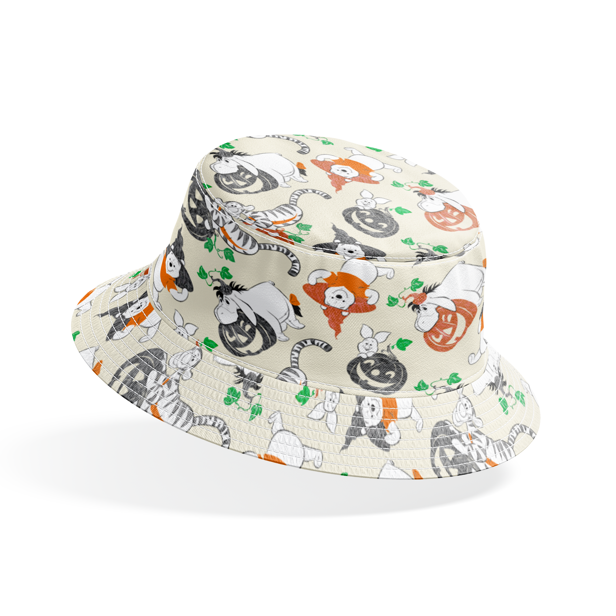 Whimsical Halloween pattern with cartoon ghosts, pumpkins, cats, and bears on cream background bucket hat mockup