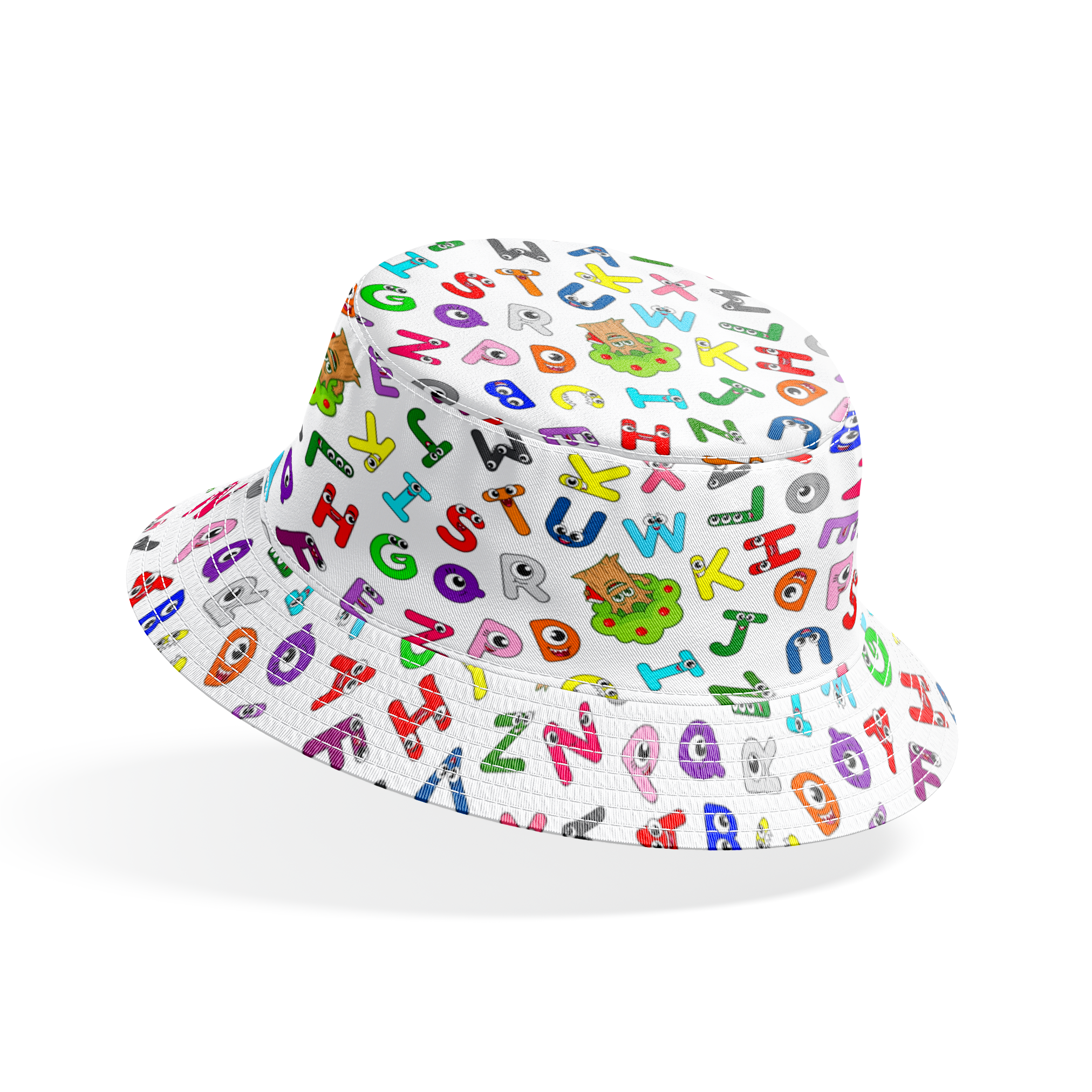 Colorful cartoon alphabet letters scattered randomly on white background with small monster characters bucket hat mockup