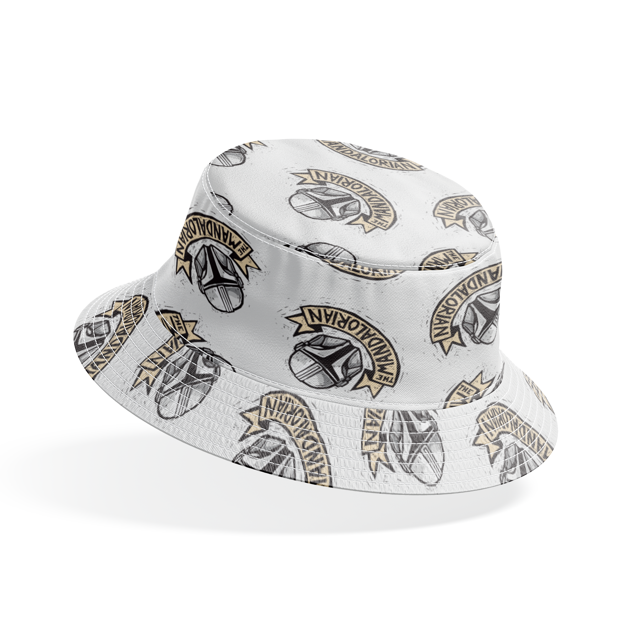 Star Wars Mandalorian helmet logo pattern with banners in black and gold on light background bucket hat mockup