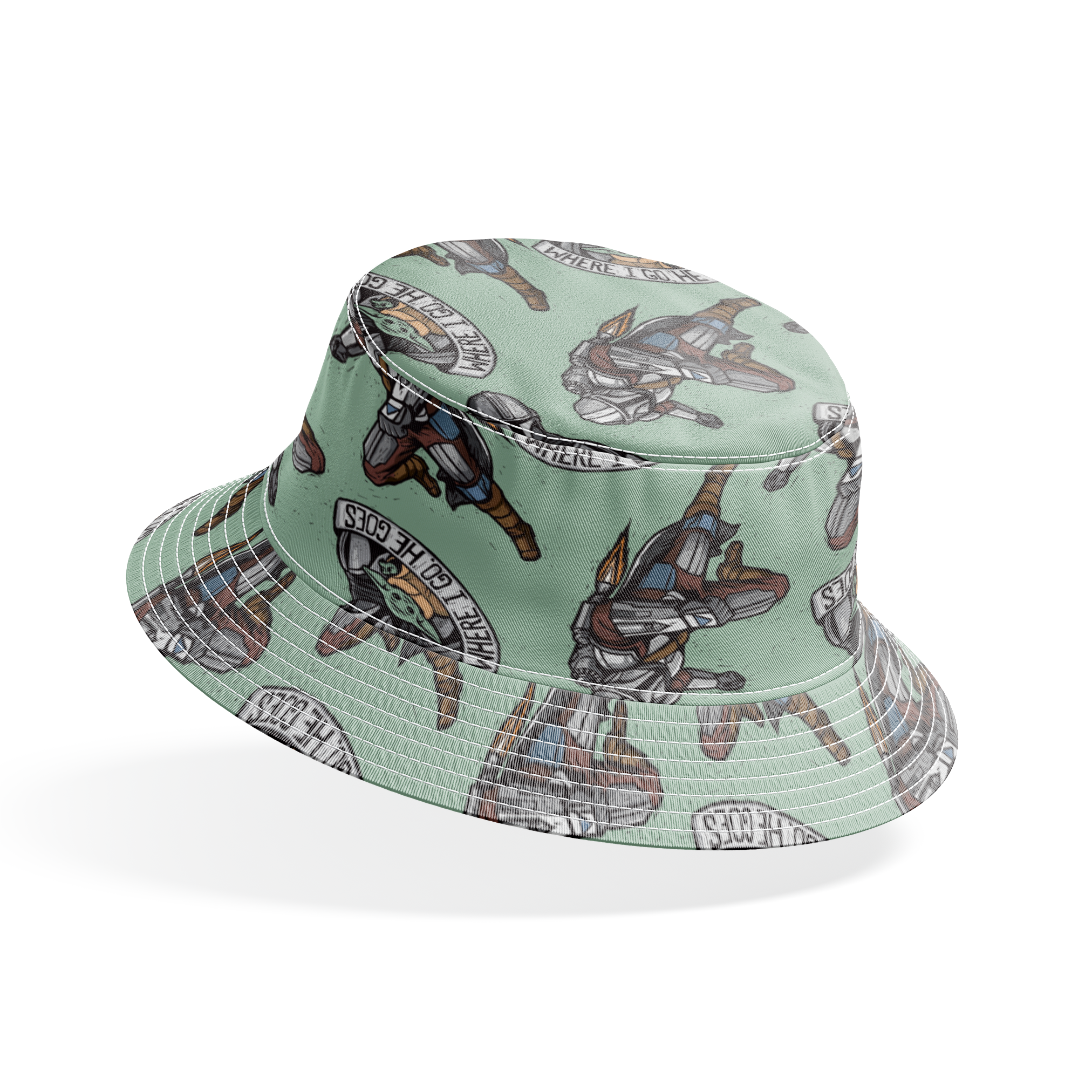 Star Wars-themed pattern featuring Mandalorian helmets with "Where I go, the child goes" banners on mint green background. bucket hat mockup