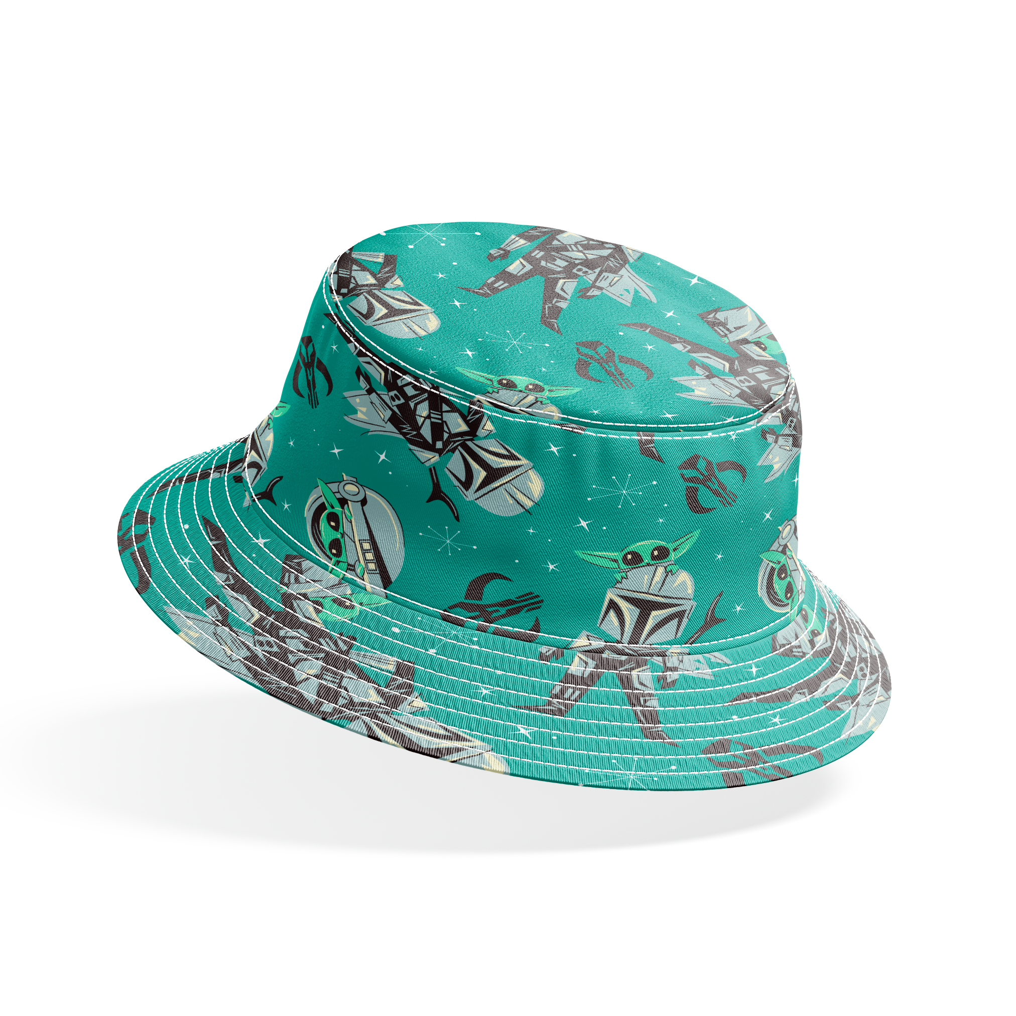 Cartoon-style Star Wars pattern with Baby Yoda and Mandalorian figures on teal background with stars bucket hat mockup