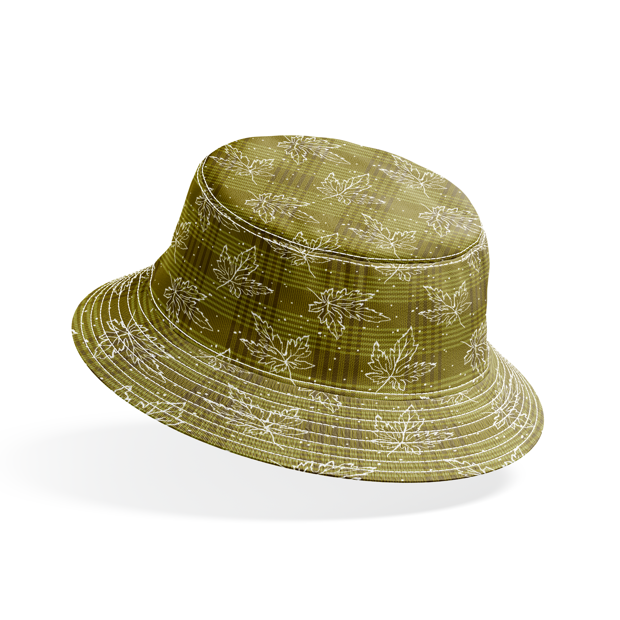 Olive green plaid pattern with scattered white outline maple leaves and small dots bucket hat mockup