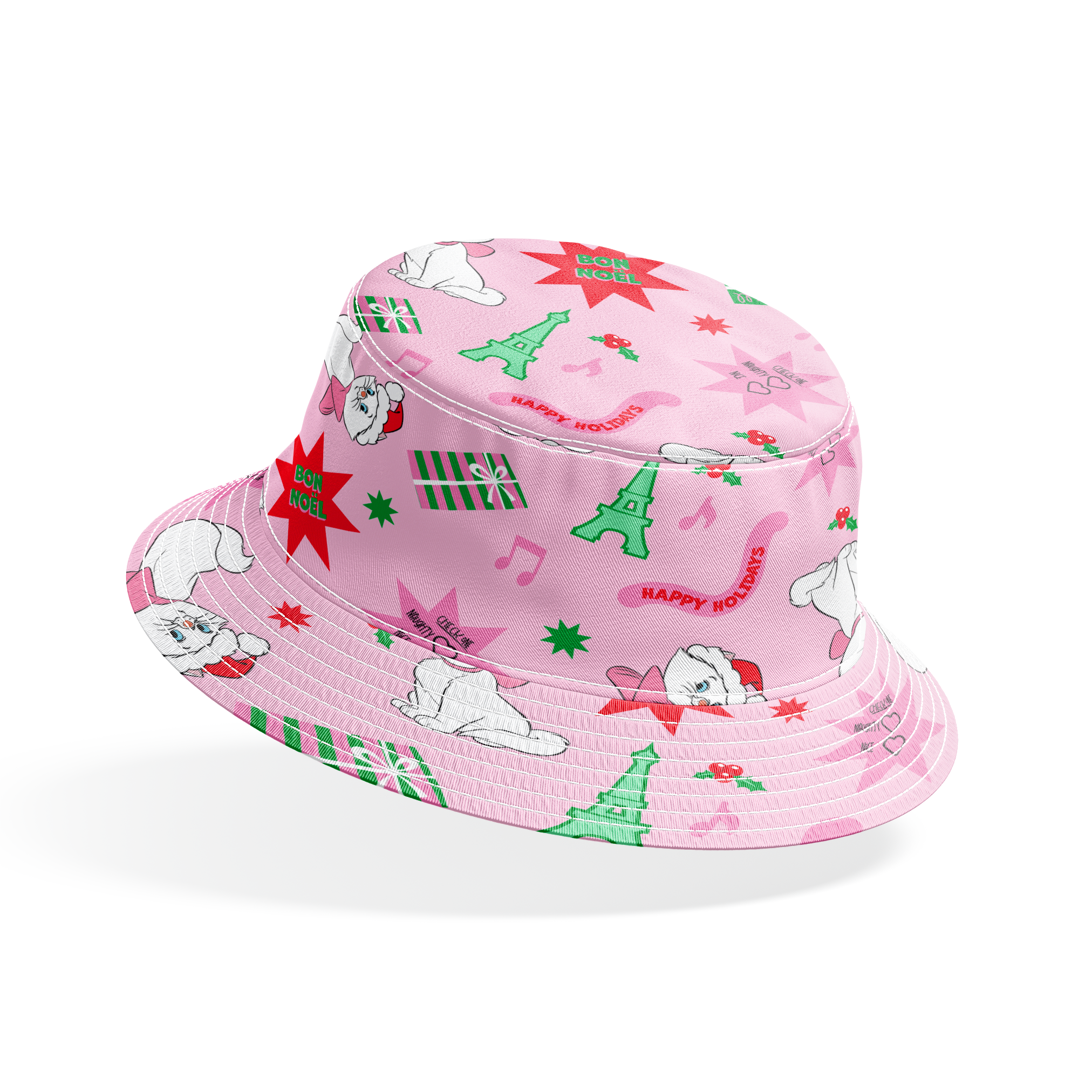 Holiday pattern with Marie from The Aristocats in Santa hats, Eiffel Towers, "Noel" text, and festive stars on pink background bucket hat mockup