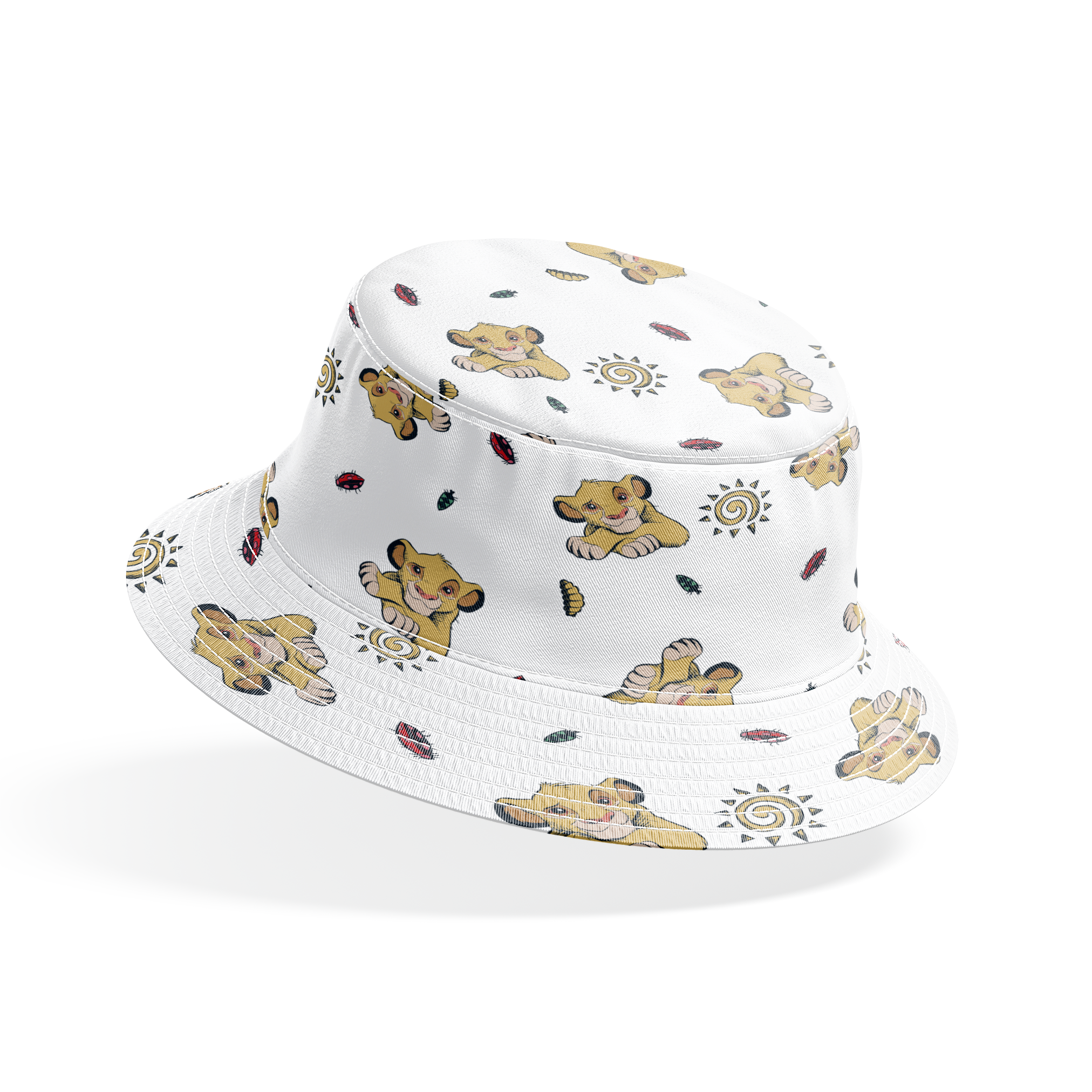 Cute cartoon lion cubs pattern with suns and leaves on white background bucket hat mockup