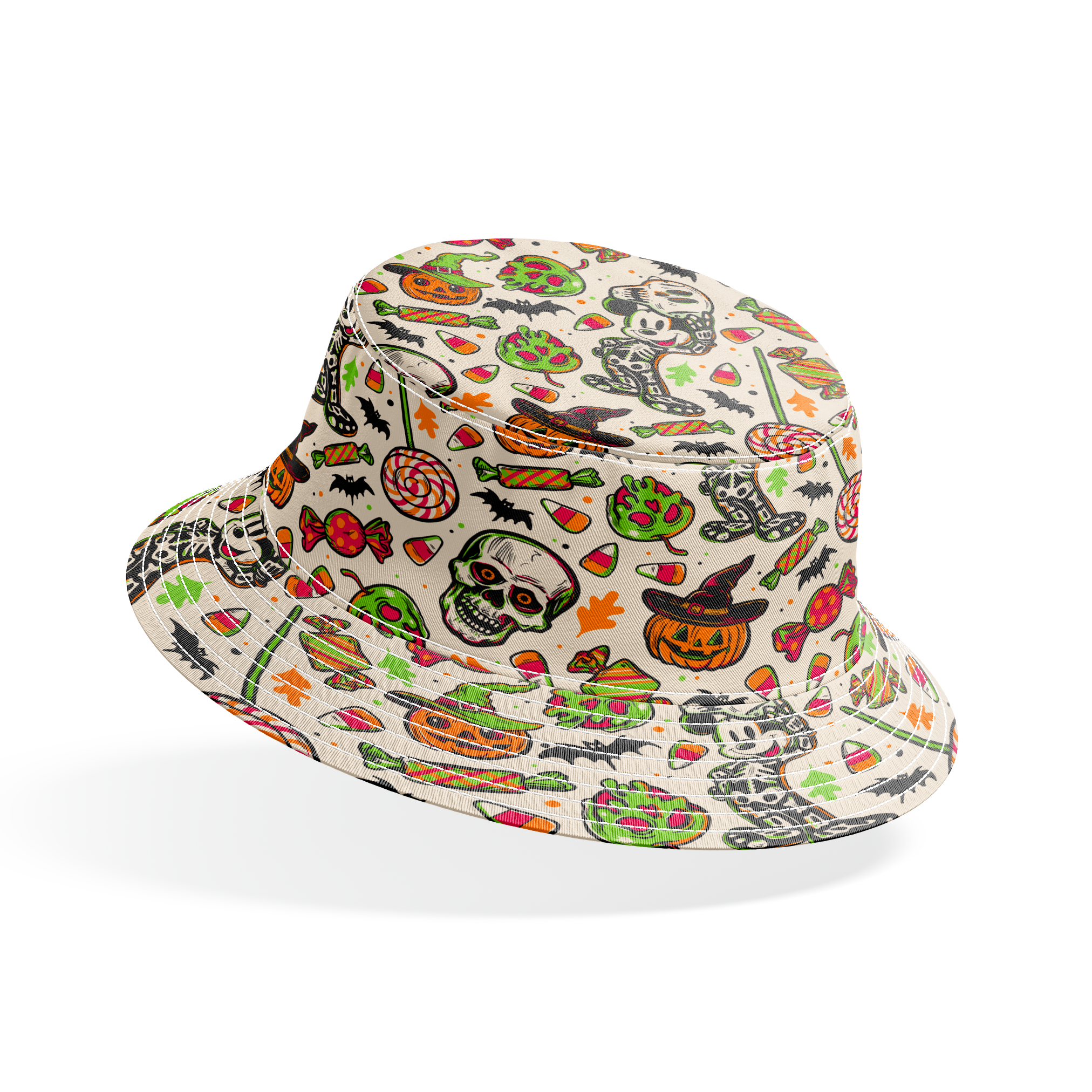 Halloween pattern with skulls, pumpkins, candy corn, wrapped candies, lollipops, bats, and autumn leaves on cream background bucket hat mockup