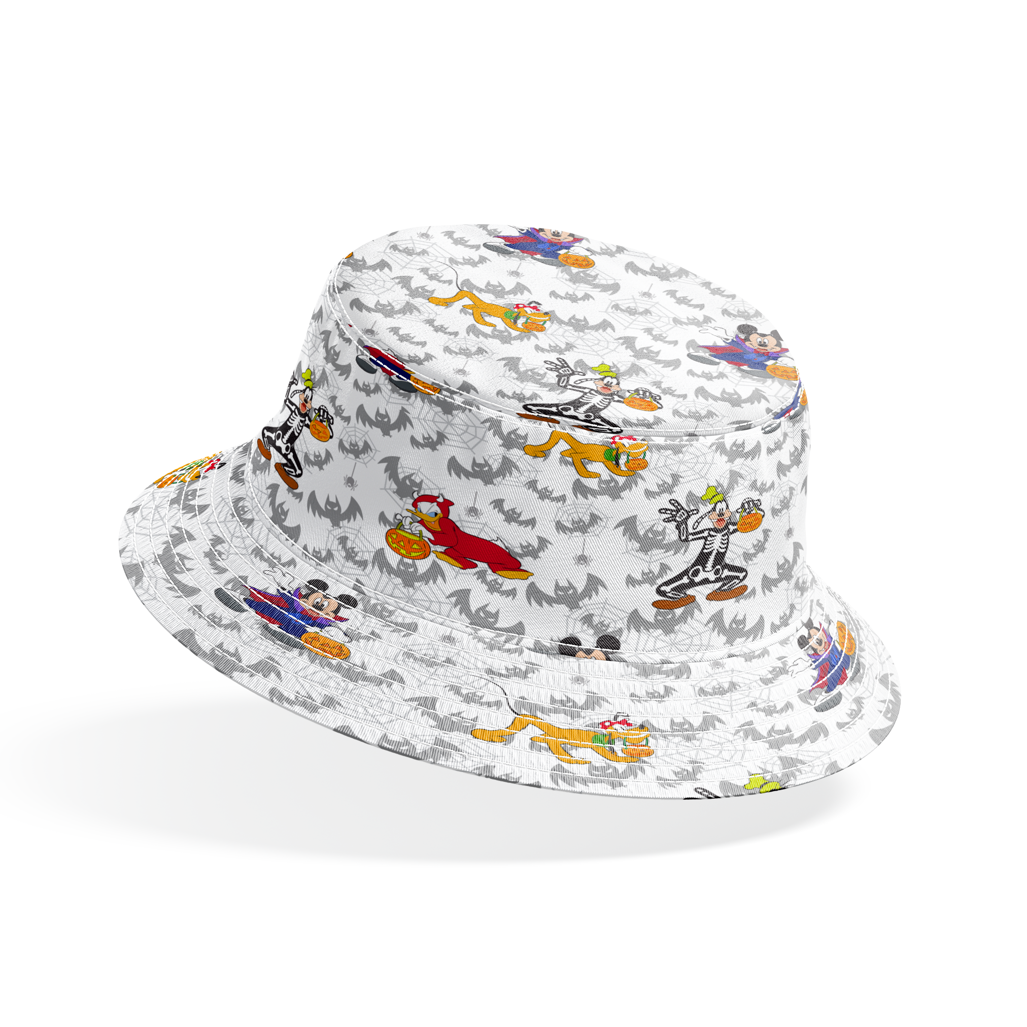 Disney cartoon characters in Halloween costumes with pumpkins on bat pattern background bucket hat mockup