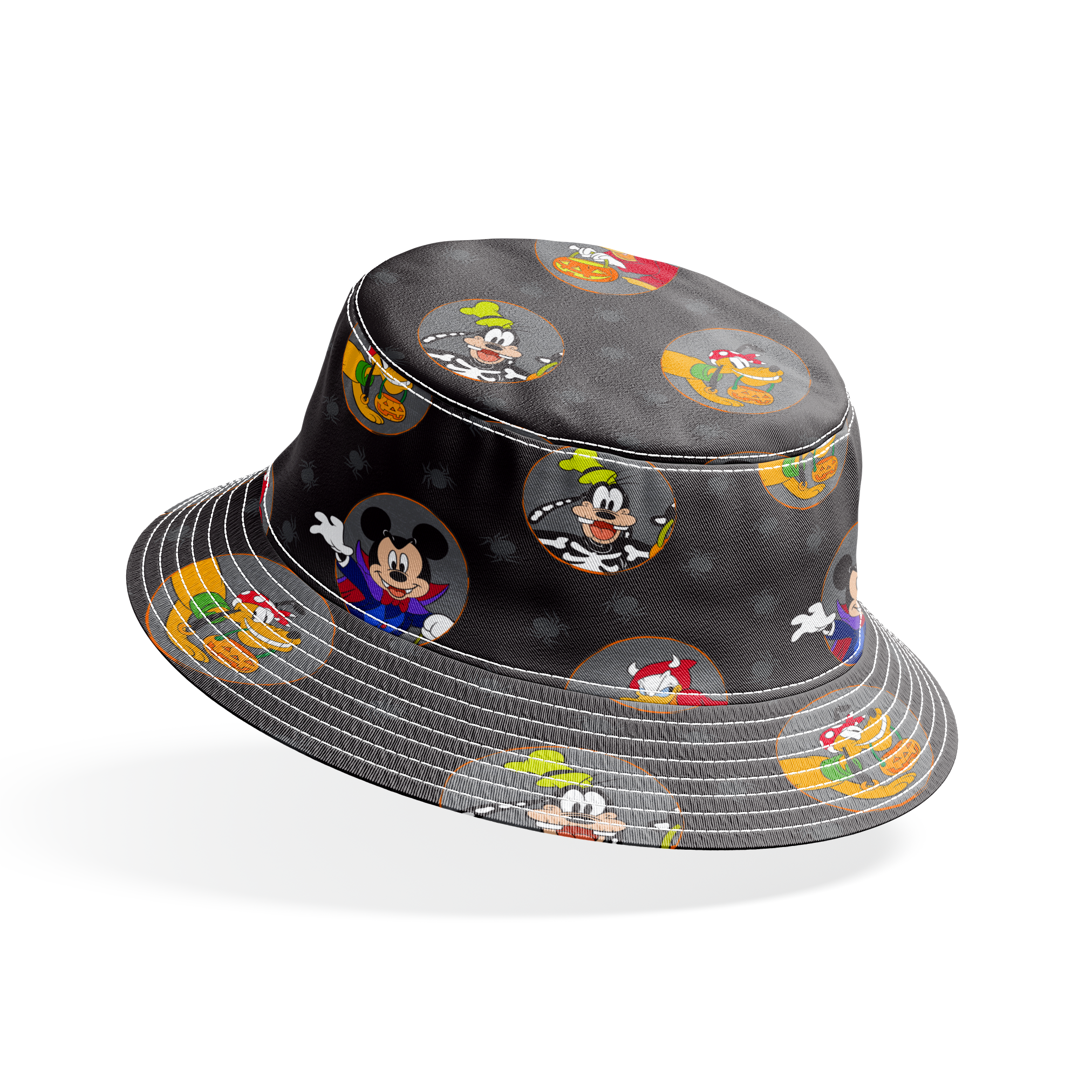 Disney characters in Halloween costumes on black background with spider pattern. Mickey as vampire, Donald with pumpkin, Pluto with candy. bucket hat mockup