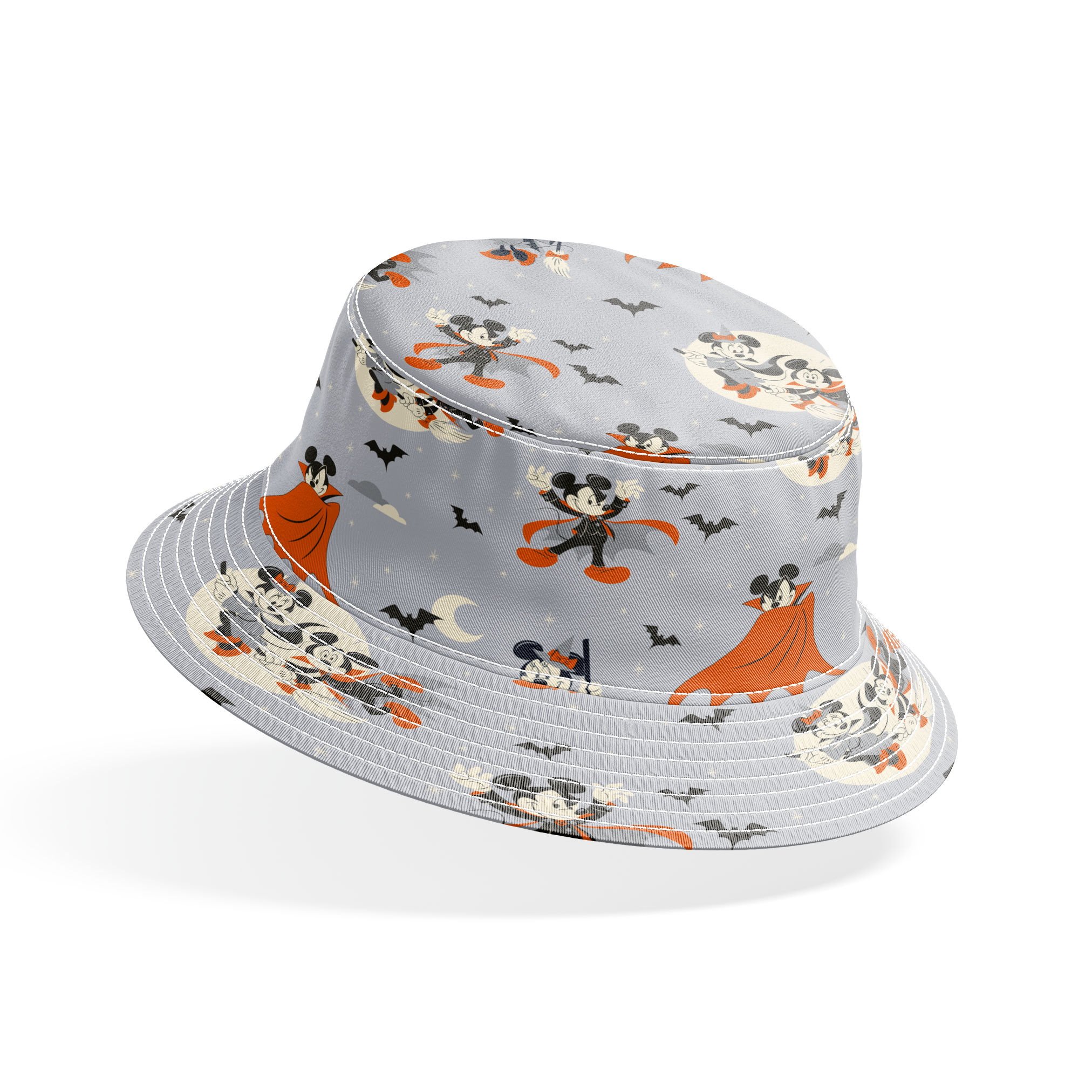 Mickey and Minnie Mouse in Halloween costumes on gray background with bats and moons, orange capes and spooky theme. bucket hat mockup