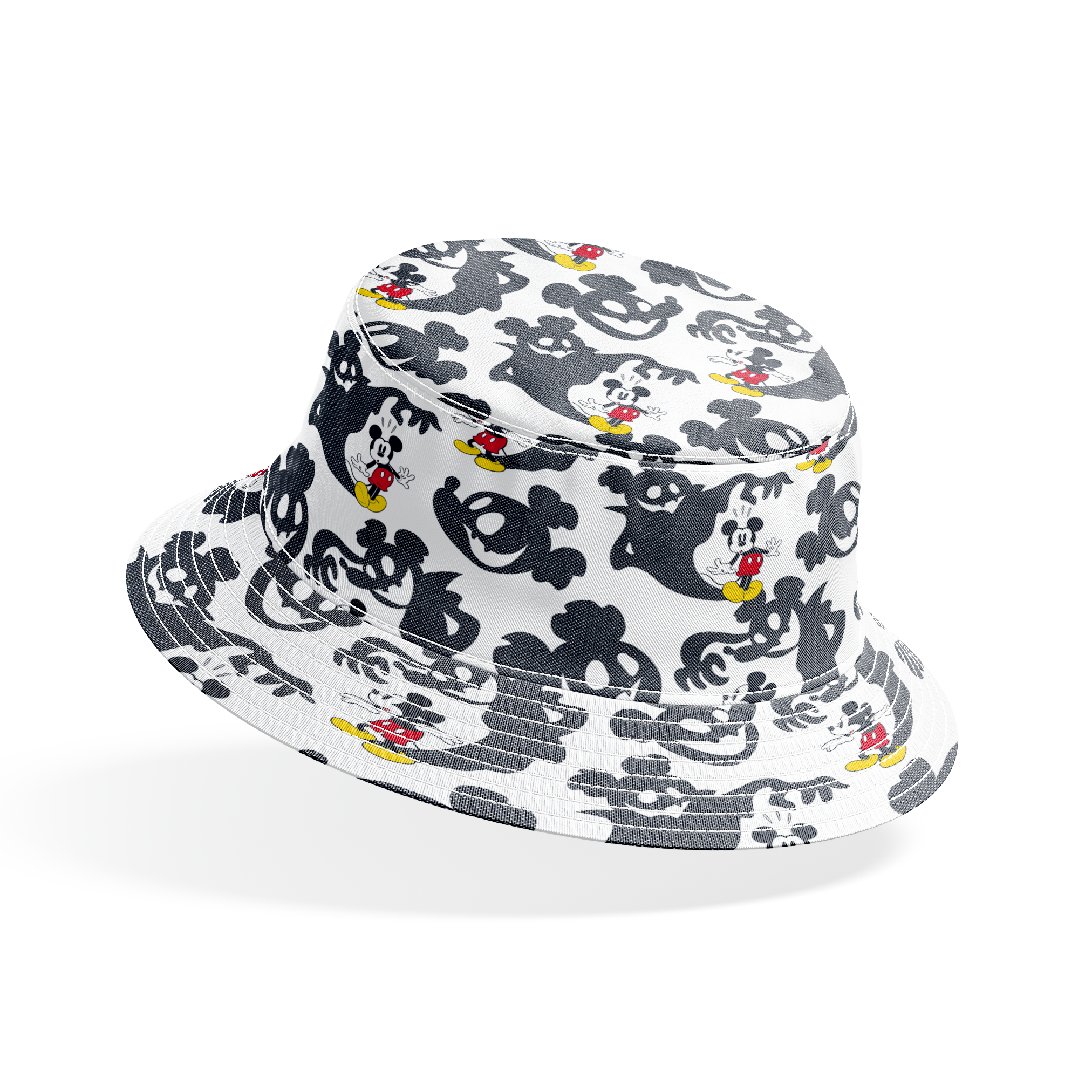 Mickey Mouse pattern with black ghost silhouettes on white background bucket hat mockup