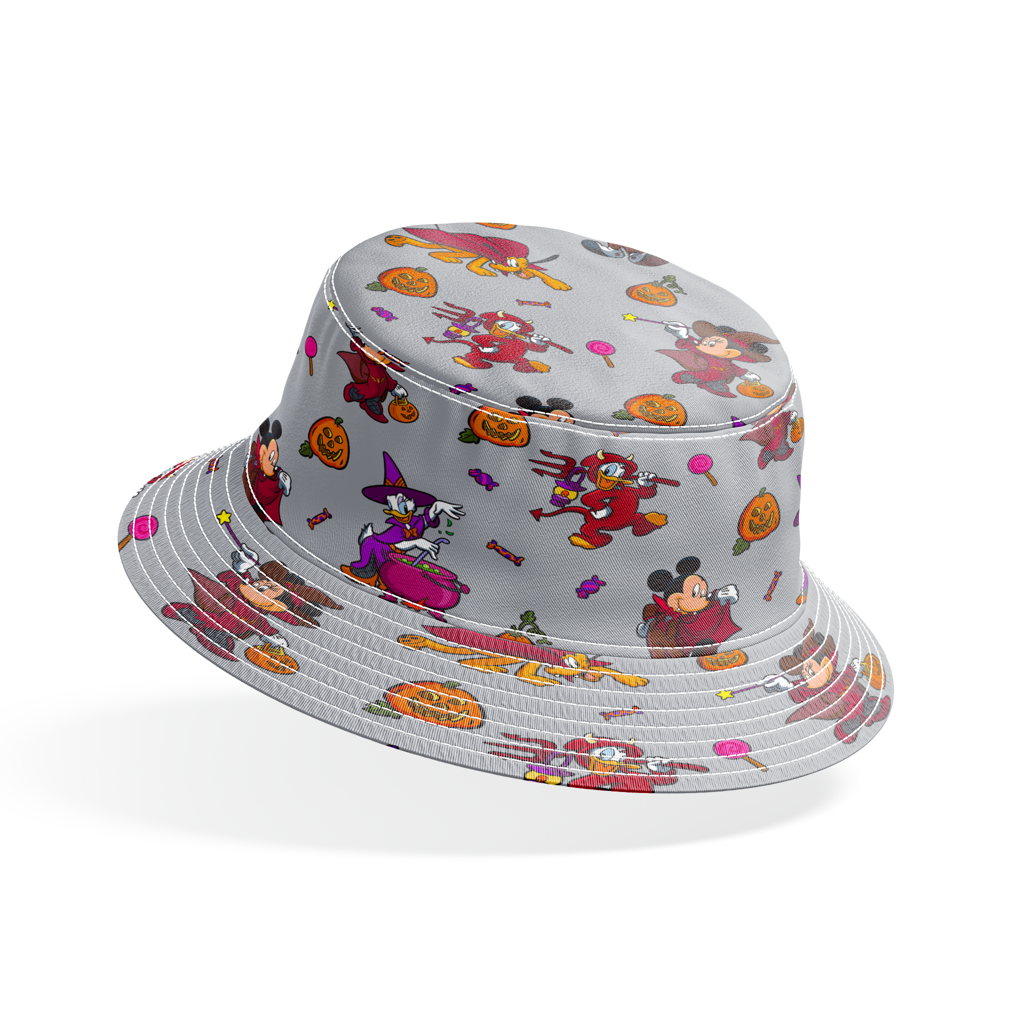 Halloween-themed cartoon pattern with Mickey Mouse characters in costumes, pumpkins, candy, and cauldrons on gray background bucket hat mockup