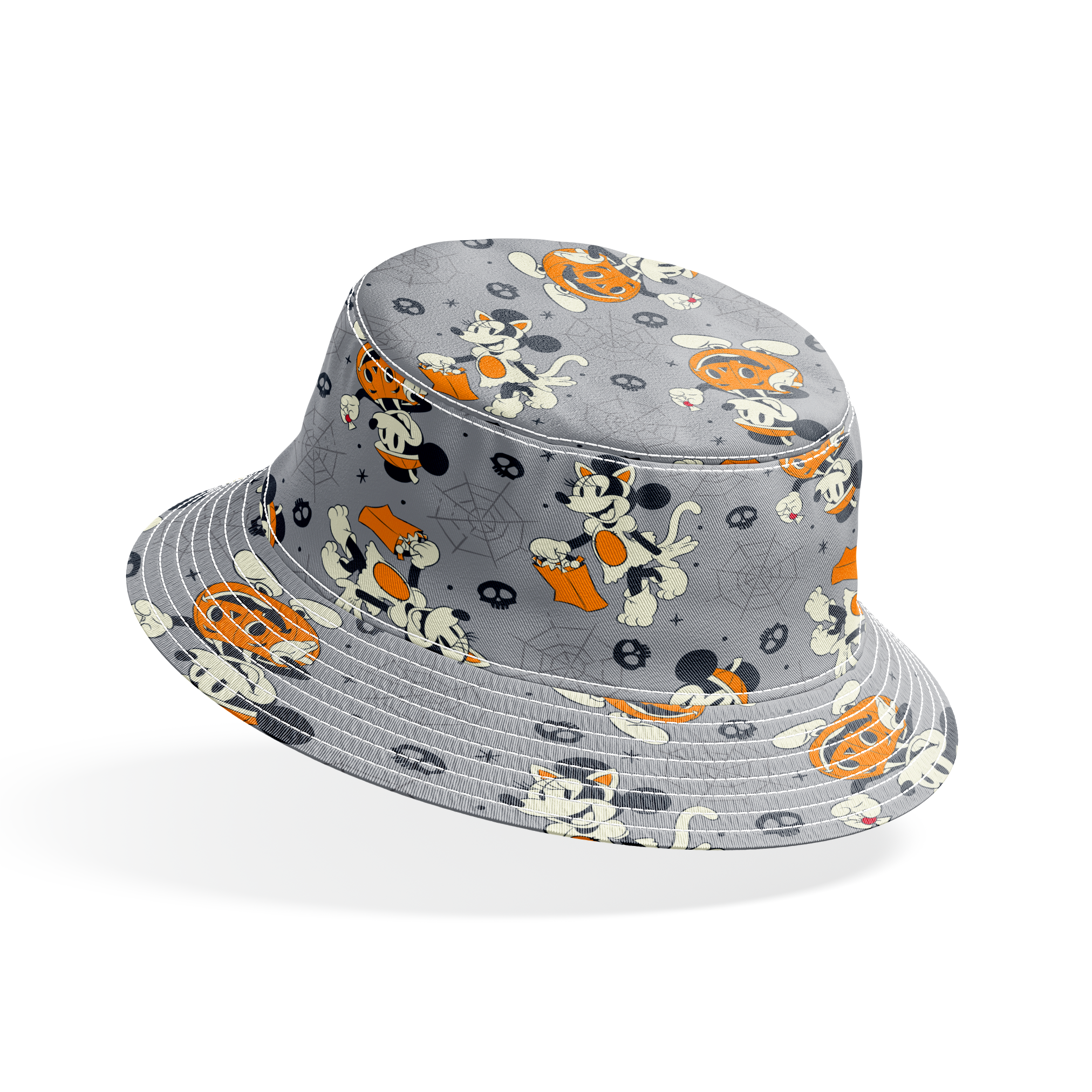 Cartoon dog characters in Halloween costumes with pumpkins on gray background with spider webs and skulls bucket hat mockup