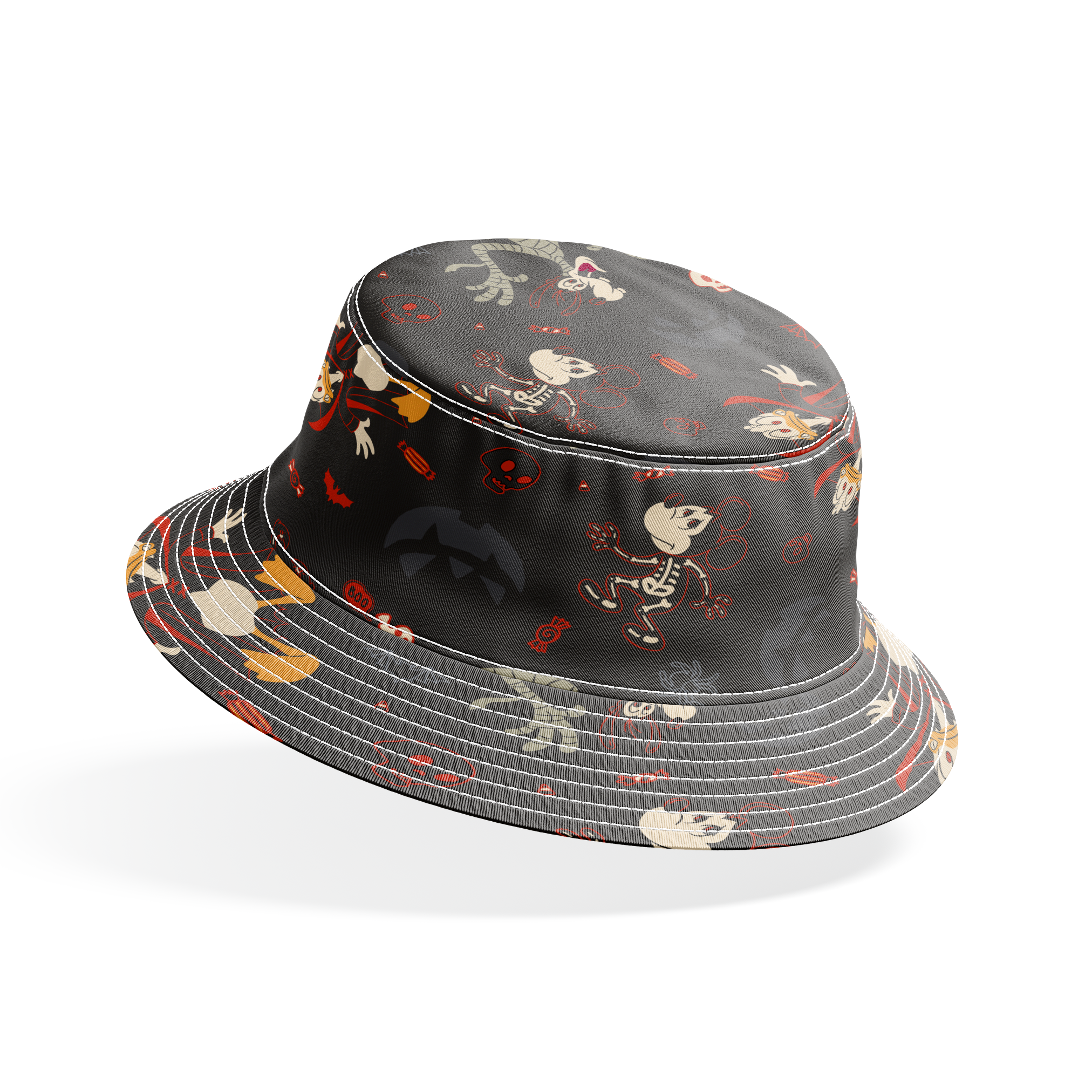 Disney Halloween pattern with Mickey & friends and candy on dark background bucket hat mockup