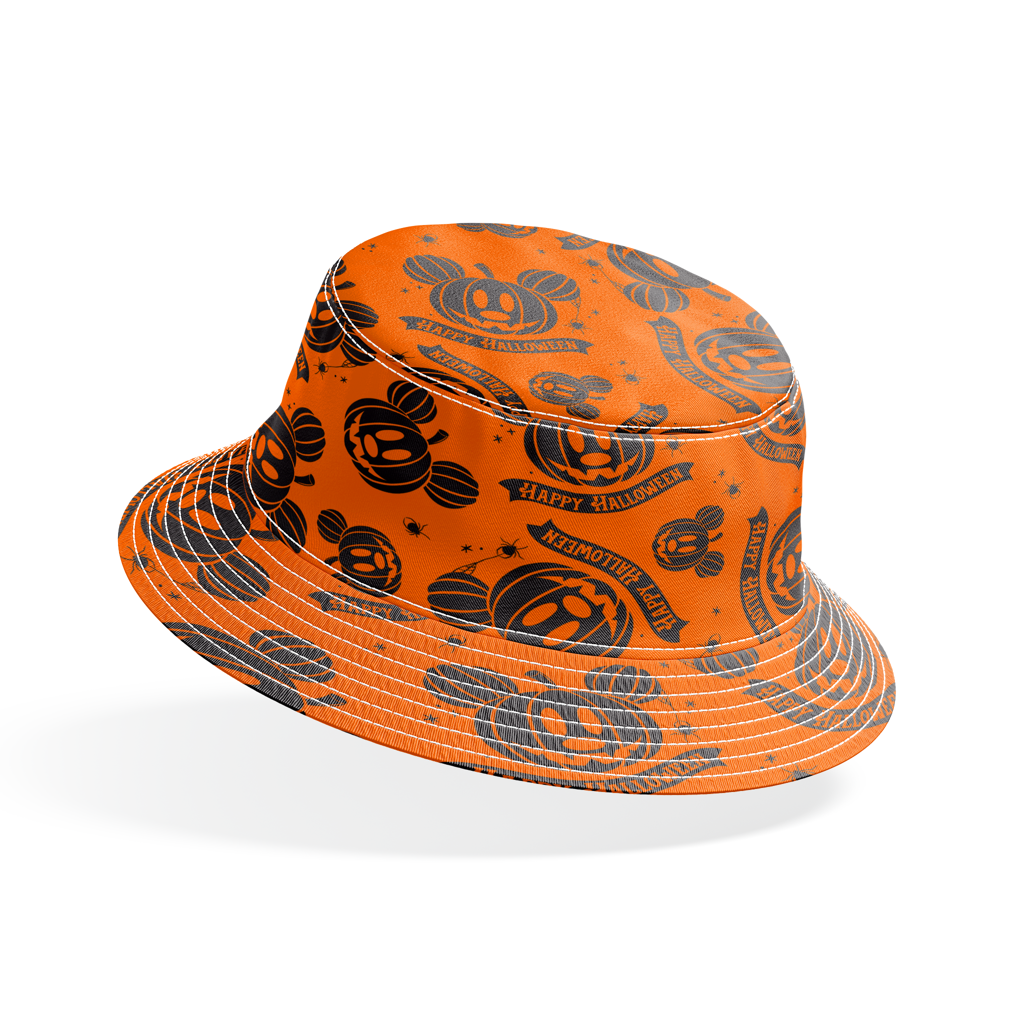 Halloween pattern with Disney-inspired jack-o'-lantern pumpkins and "Happy Halloween" text on bright orange background bucket hat mockup