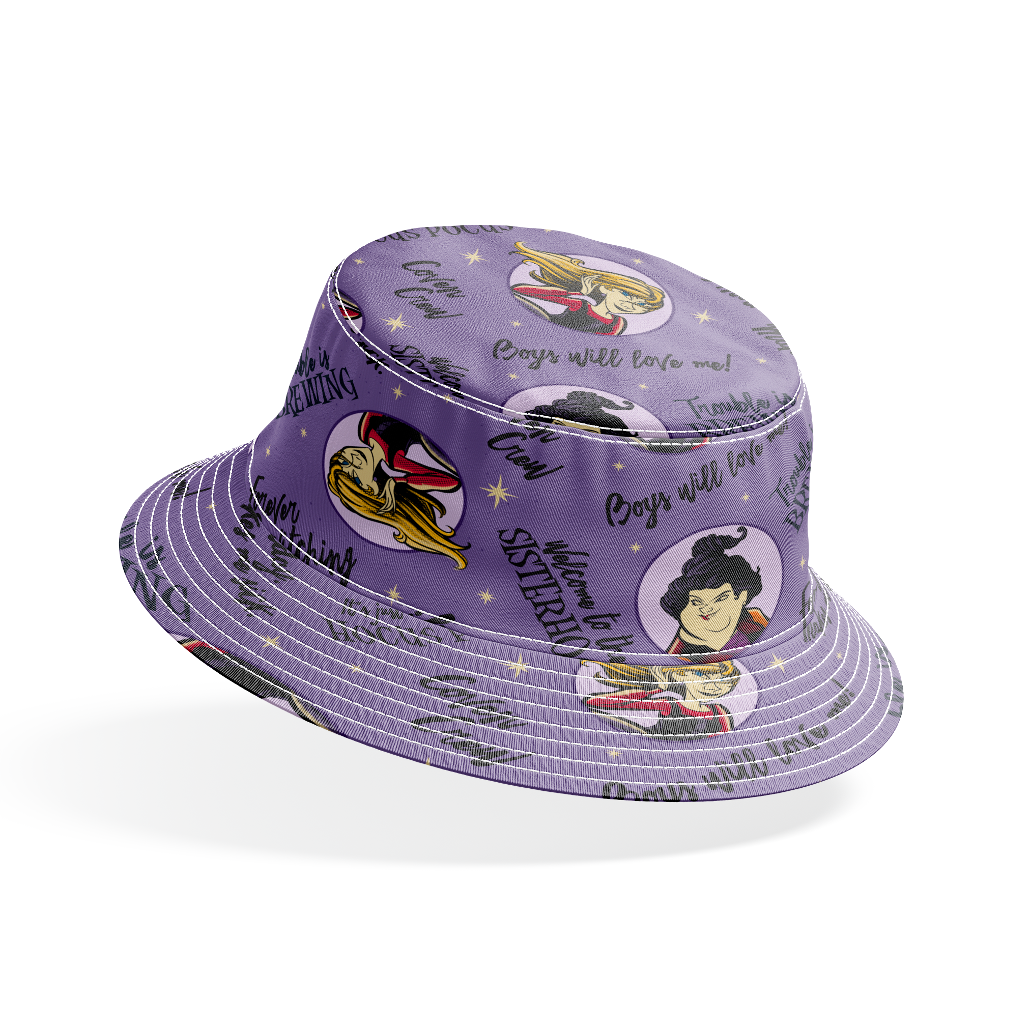 Purple background pattern with cartoon witches in circles, magical phrases and stars scattered throughout in black text bucket hat mockup